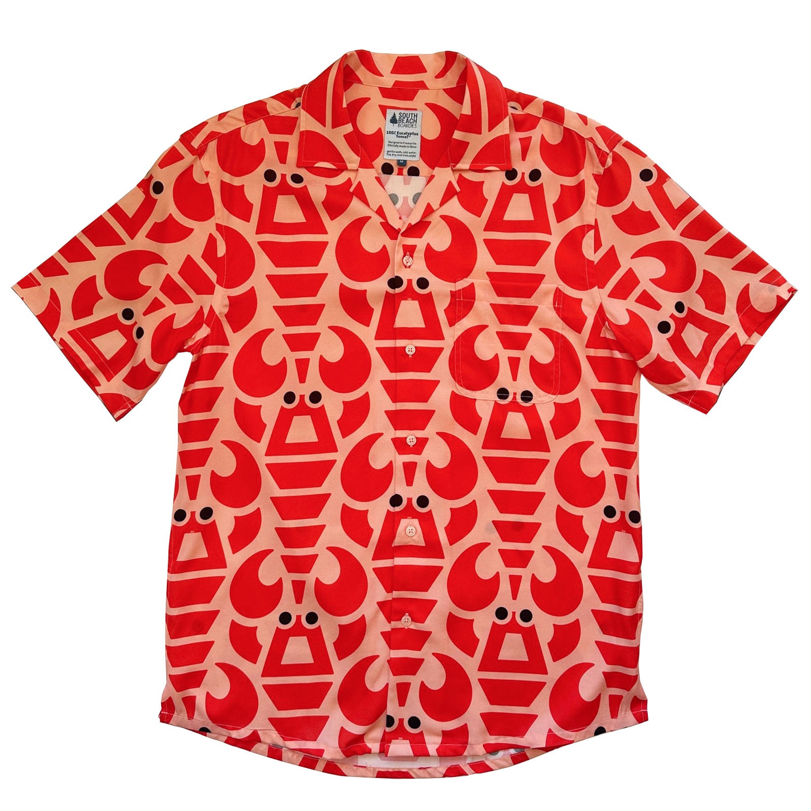 South Beach Boardies Men's Cubano Shirt made from Eucalyptus Tencel in Big Red Lobster print, front view