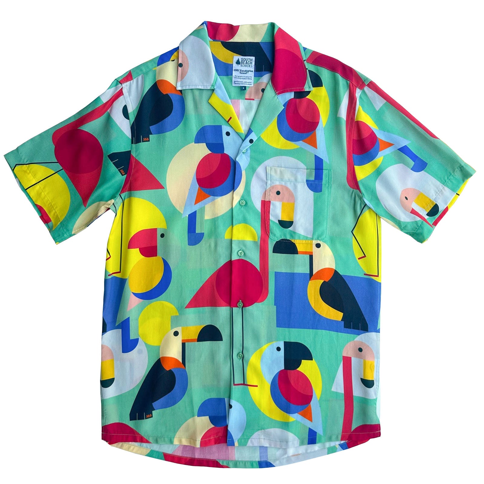 South Beach Boardies Men's Cubano Shirt made from Eucalyptus Tencel in Flamingto 1982 print, front view