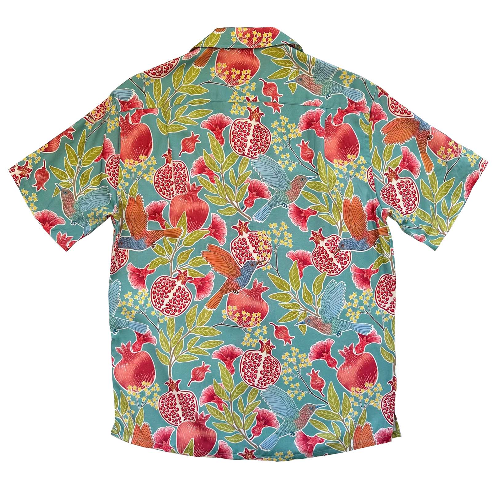 South Beach Boardies Men's Cubano Shirt made from Eucalyptus Tencel in POMEGRANATE print, BACK VIEW