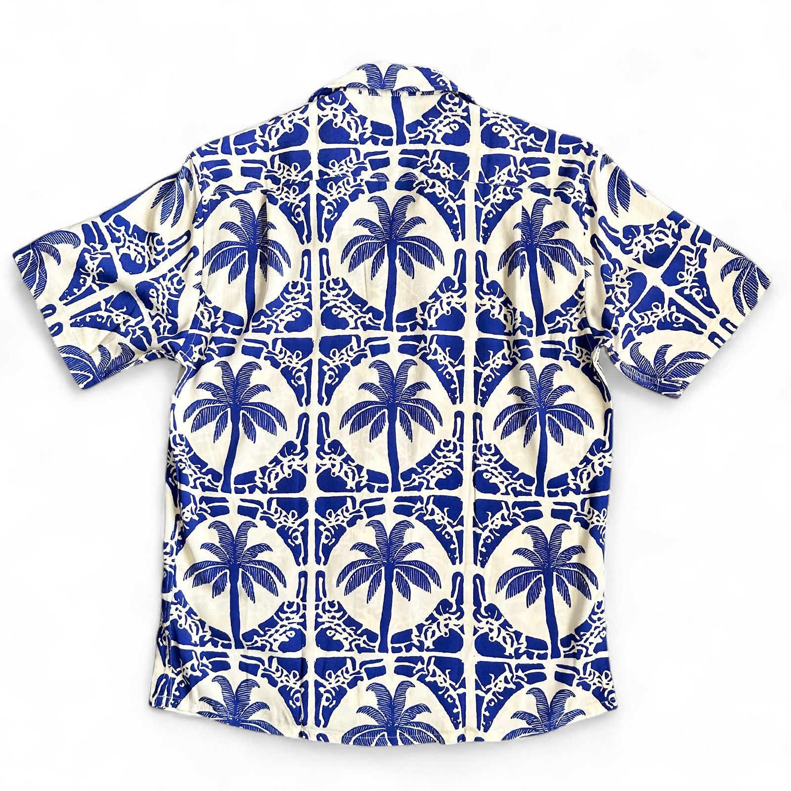 South Beach Boardies Men's Cubano Shirt made from Eucalyptus Tencel in Tangier, front view - a tropical blue and white patterned shirt with palm tree design on a white background