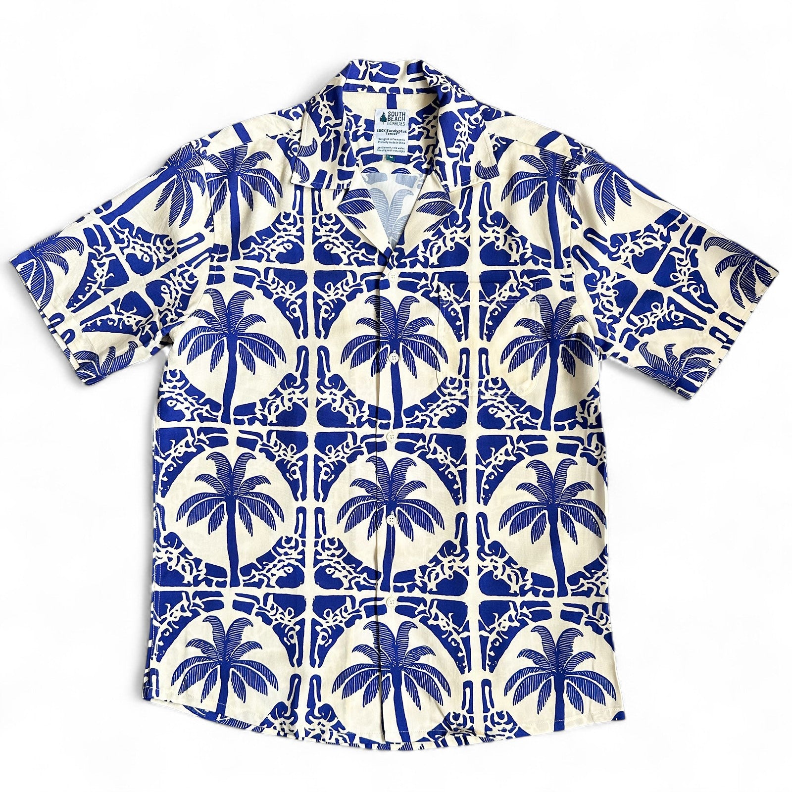 South Beach Boardies Men's Cubano Shirt made from Eucalyptus Tencel in Tangier, front view - a tropical blue and white block print