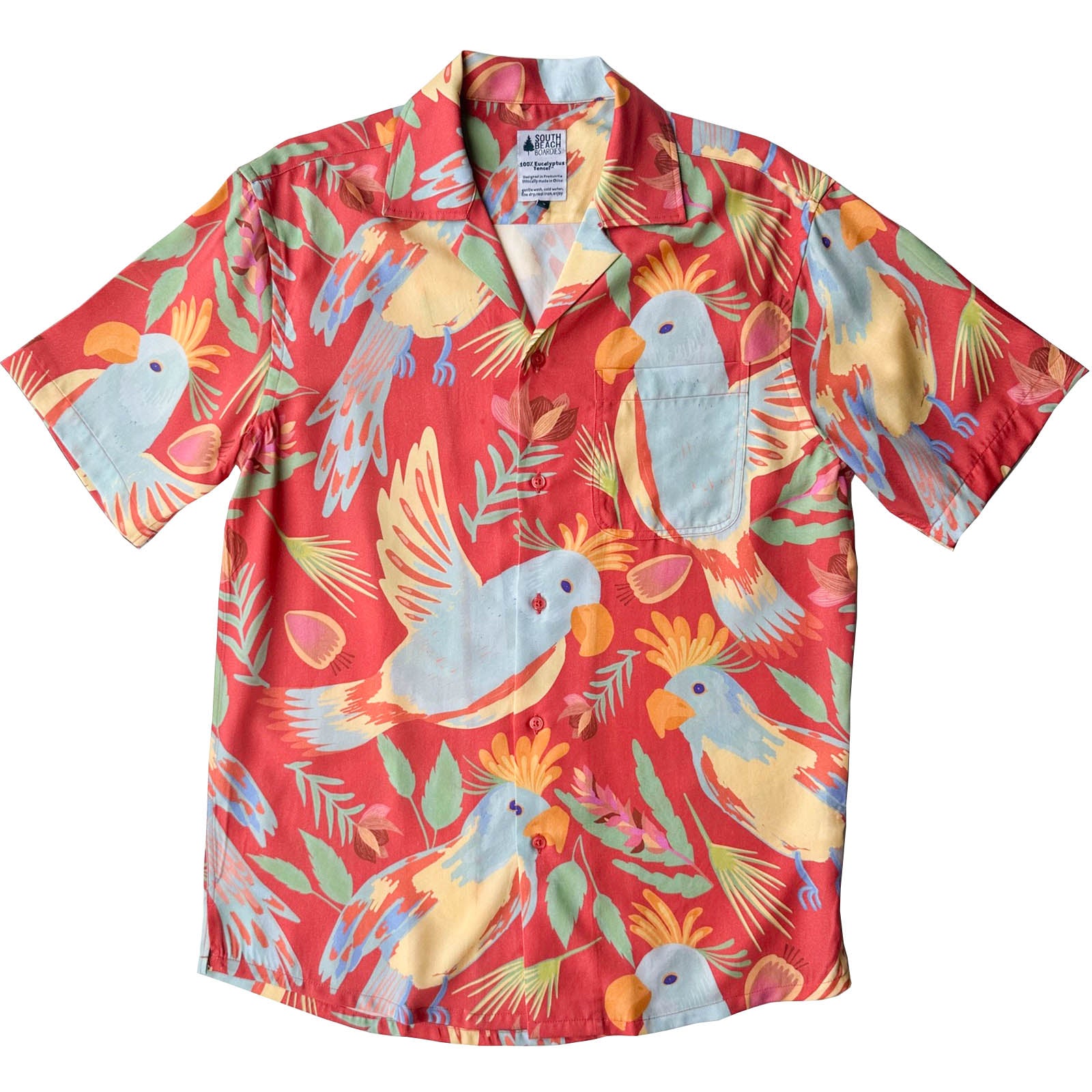 South Beach Boardies Men's Eucalyptus Tencel Cubano shirt in Parrots in Peach