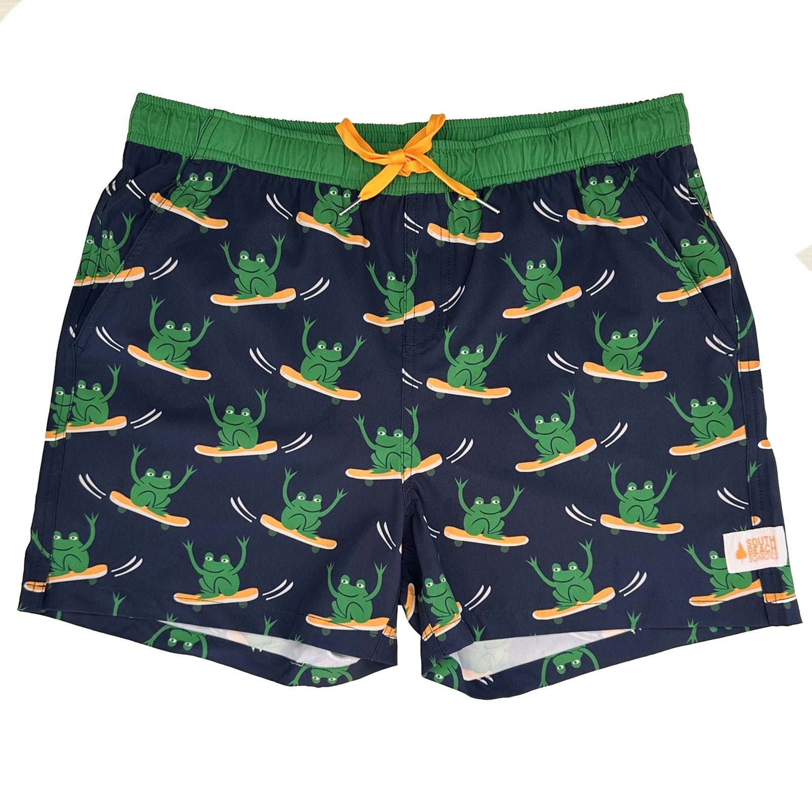South Beach Boardies Men's Stretchy Trunks made from recycled plastic bottles, Froggy Skates print front view.