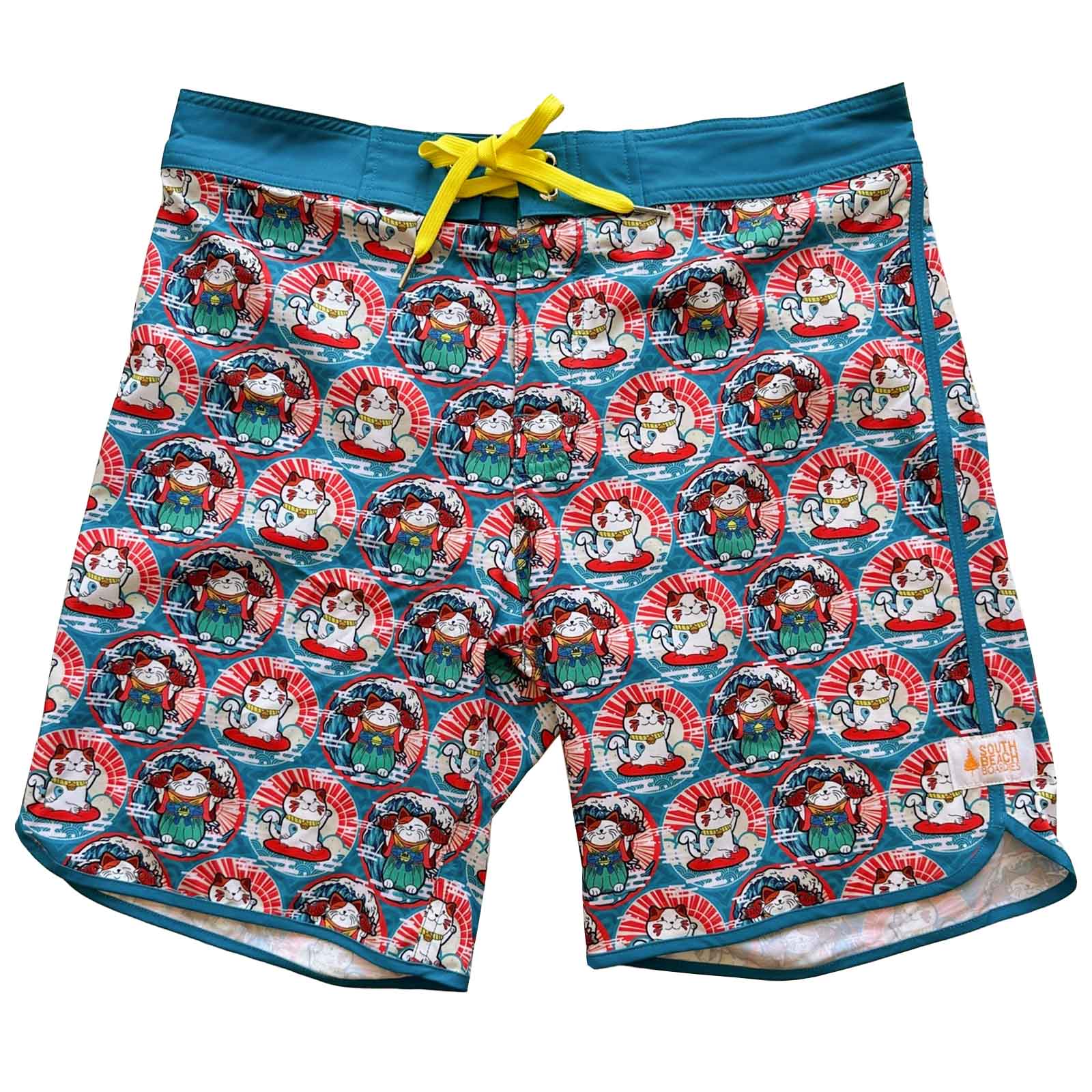 South Beach Boardies Mens Retro Piping boardies made from recycled plastic bottles, Maneki Neko print, front view