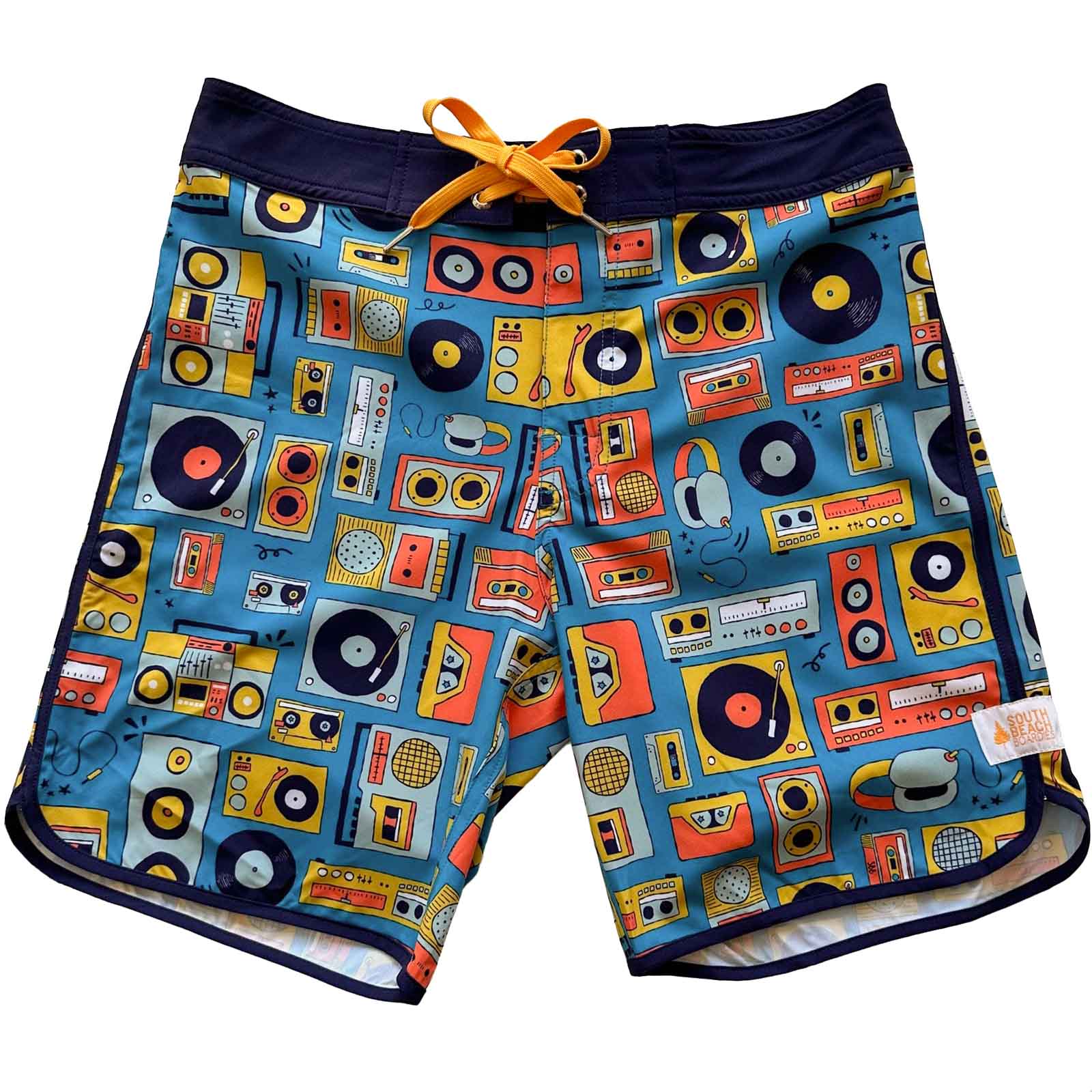 South Beach Boardies Mens Retro Piping boardies made from recycled plastic bottles, Tunes print, front view , record player, cassette tapes. vinyl