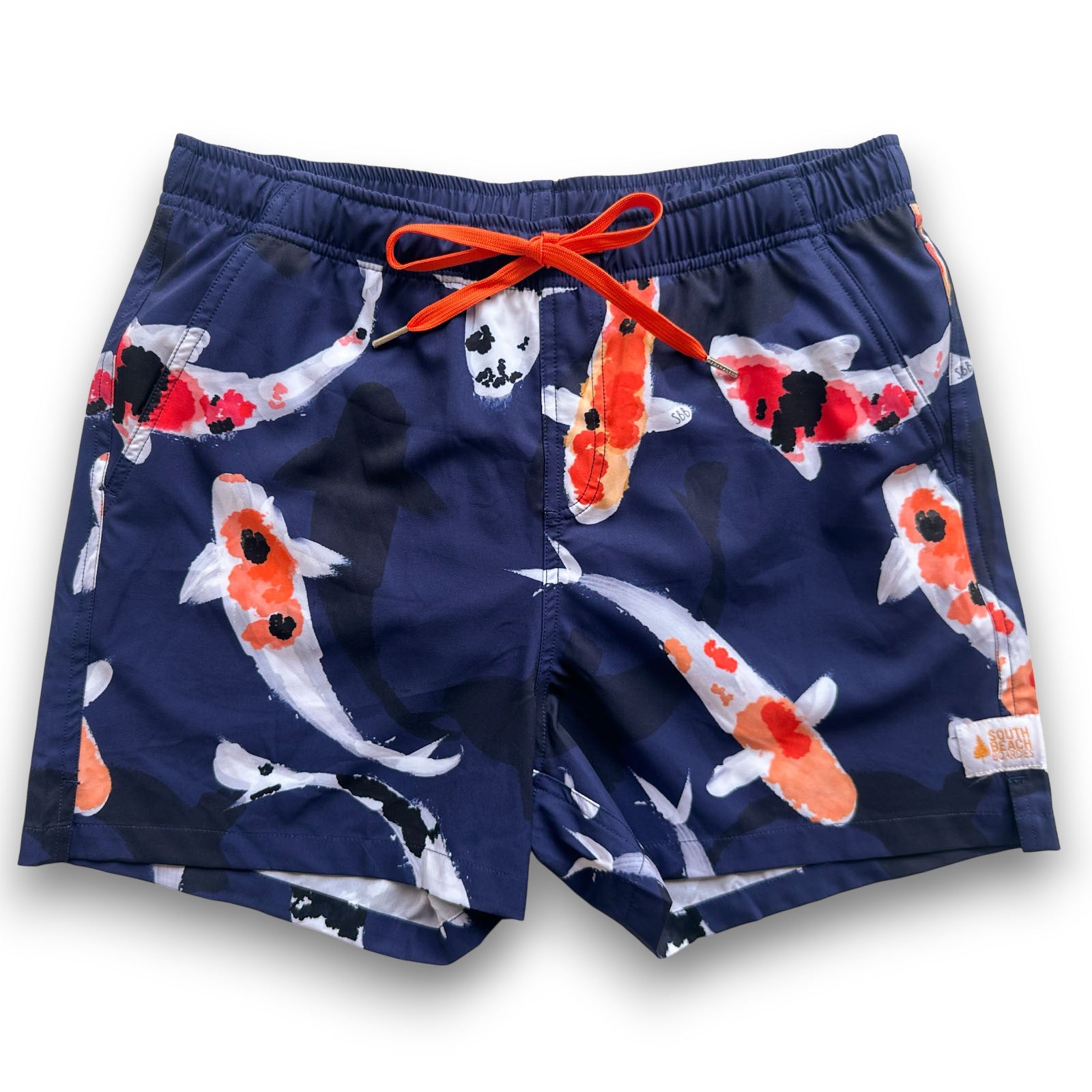 South Beach Boardies Mens Stretchy Trunks made from recycled plastic bottles, FEELIN KOI print front view