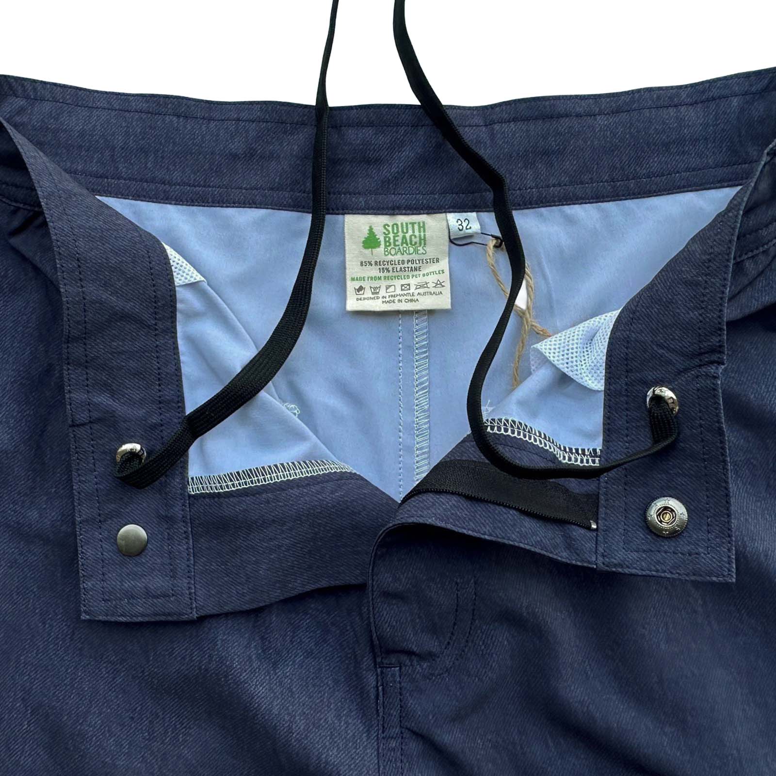 South Beach Boardies Mens Surf Jorts Navy denim made from recycled plastic bottles zip fly and hidden drawsting