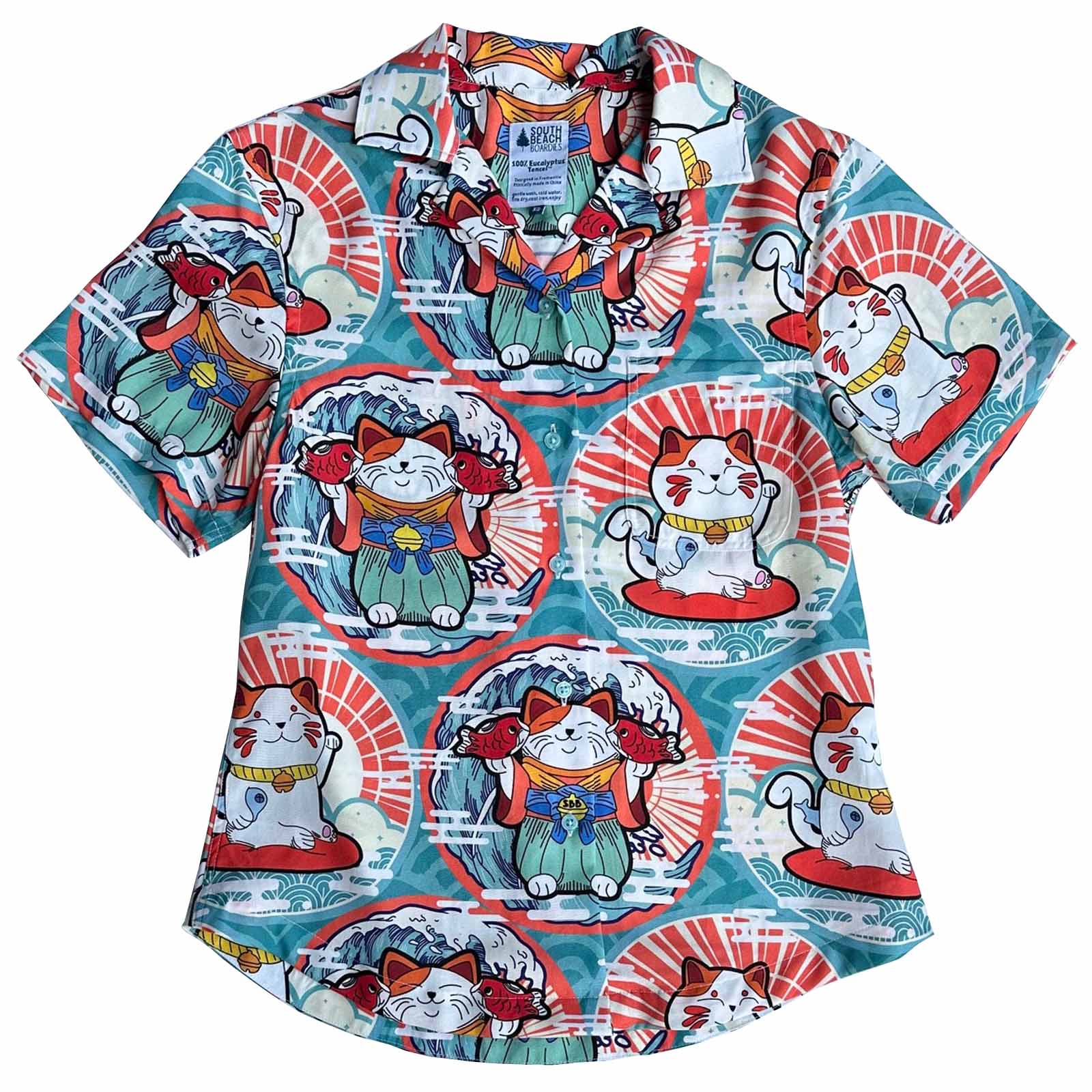 South Beach Boardies Women's Eucalyptus Tencel Cubano shirt in Maneki Neko, front view