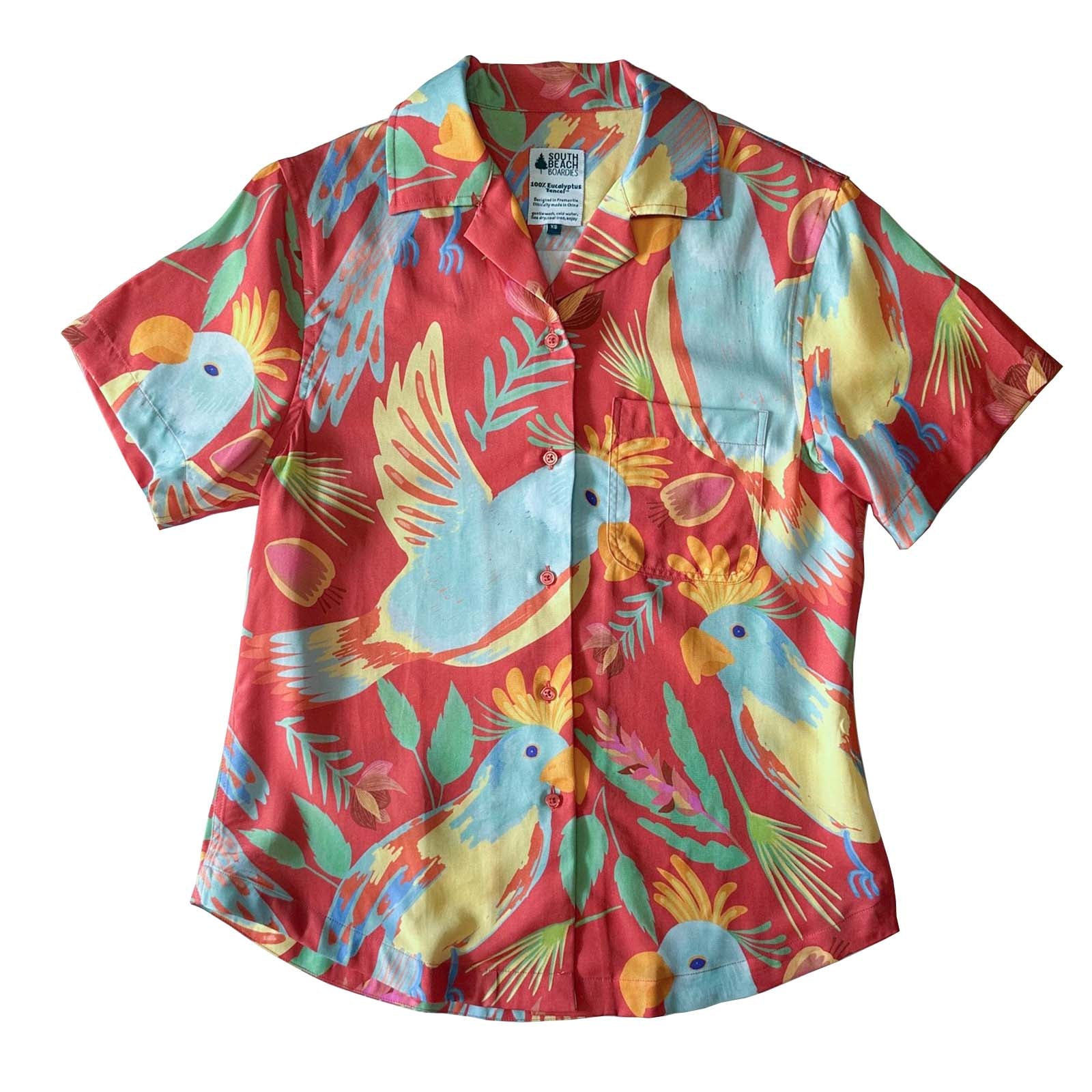 South Beach Boardies Women's Eucalyptus Tencel Cubano shirt in Parrots in Peach