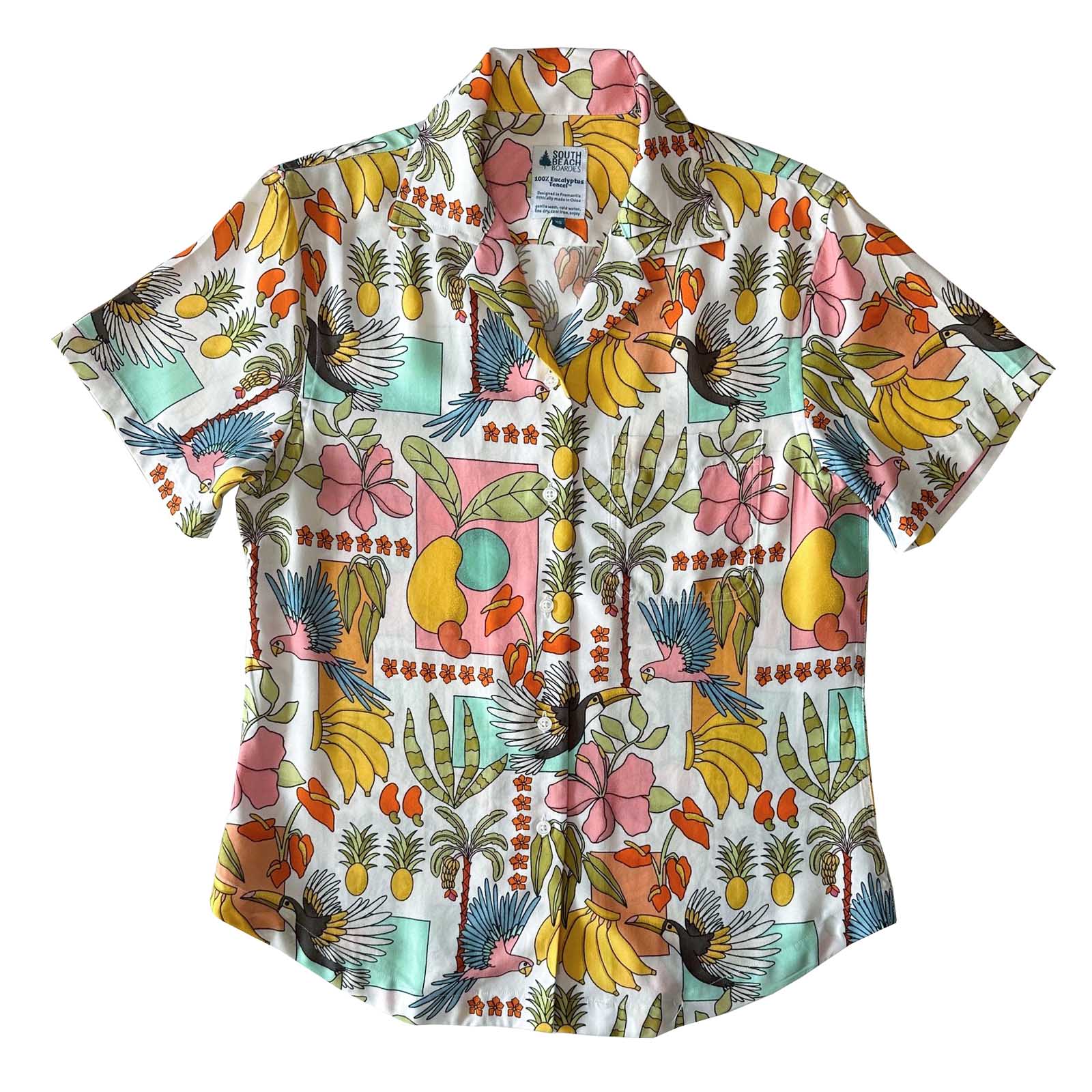 South Beach Boardies Women's Eucalyptus Tencel Cubano shirt in Rio print with toucans, fruit, palms