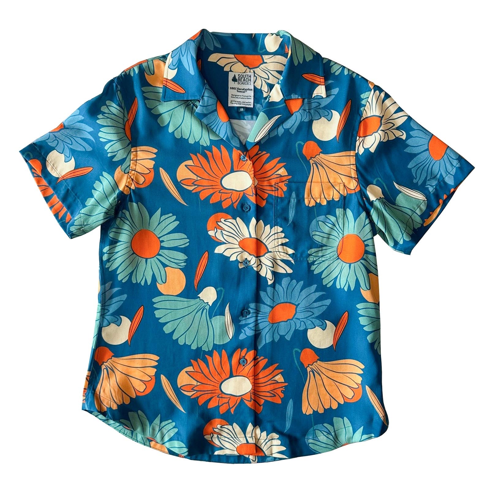 South Beach Boardies Women's Eucalyptus Tencel Cubano shirt in Vintage Flowers