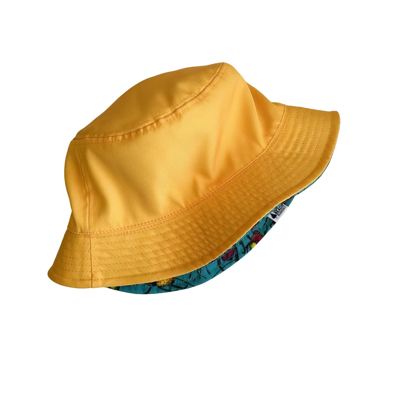 South Beach Boardies reversible bucket hat from recycled plastic bottles, solid print side, Bugs print yellow reverse side