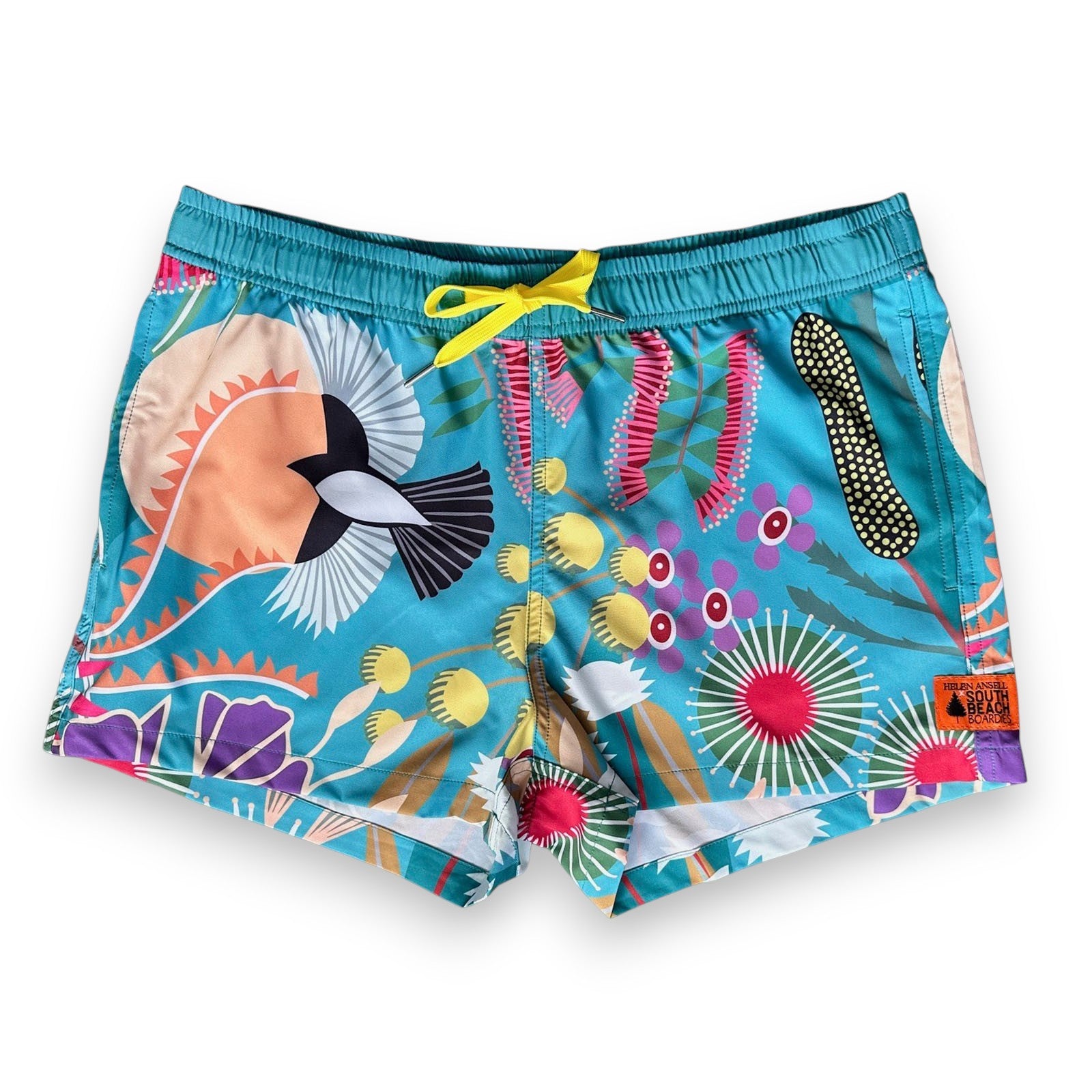 Colourful snd sustainable women's swim shorts with West Australian flora and fauna designs, made from recycled plastic bottles from South Beach Boardies x Helen Ansell, front view