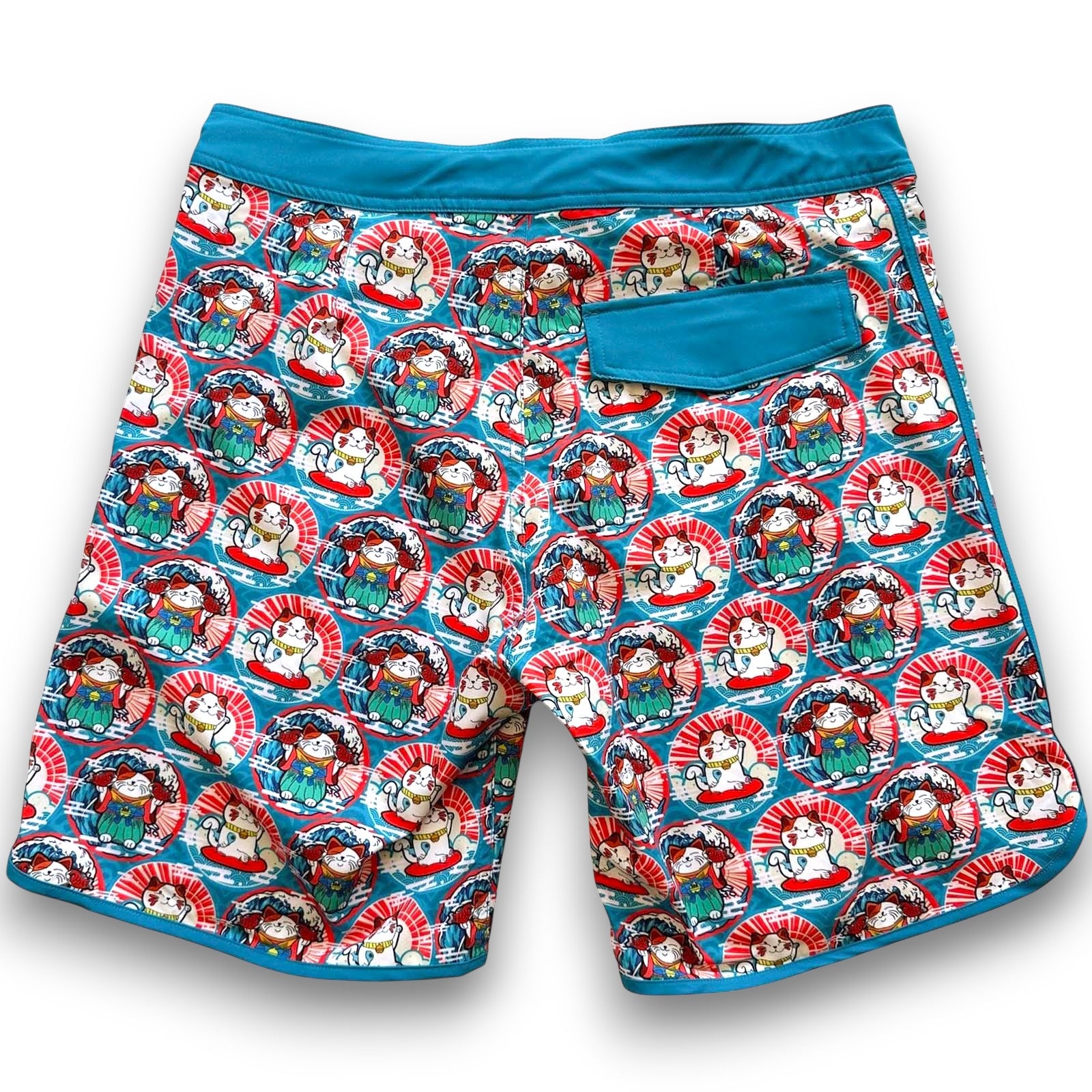 Colorful swim shorts with cartoon style Lucky Cat Maneki Neko pattern South Beach Boardies Mens Retro Piping boardies made from recycled plastic bottles, Maneki Neko back view