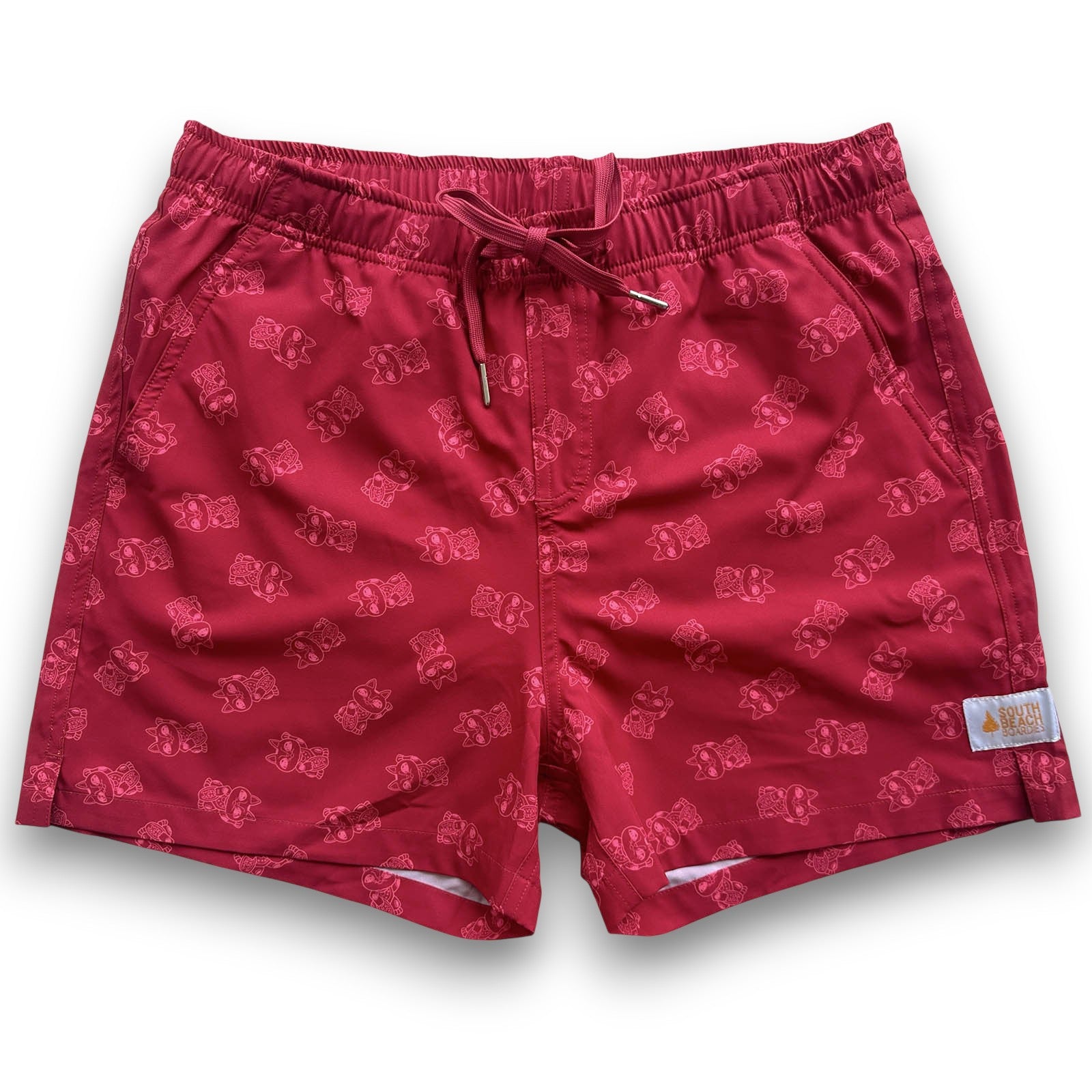 South Beach Boardies Mens Stretchy Trunks made from recycled plastic bottles, LUCKY CAT MANEKI NEKO print front view