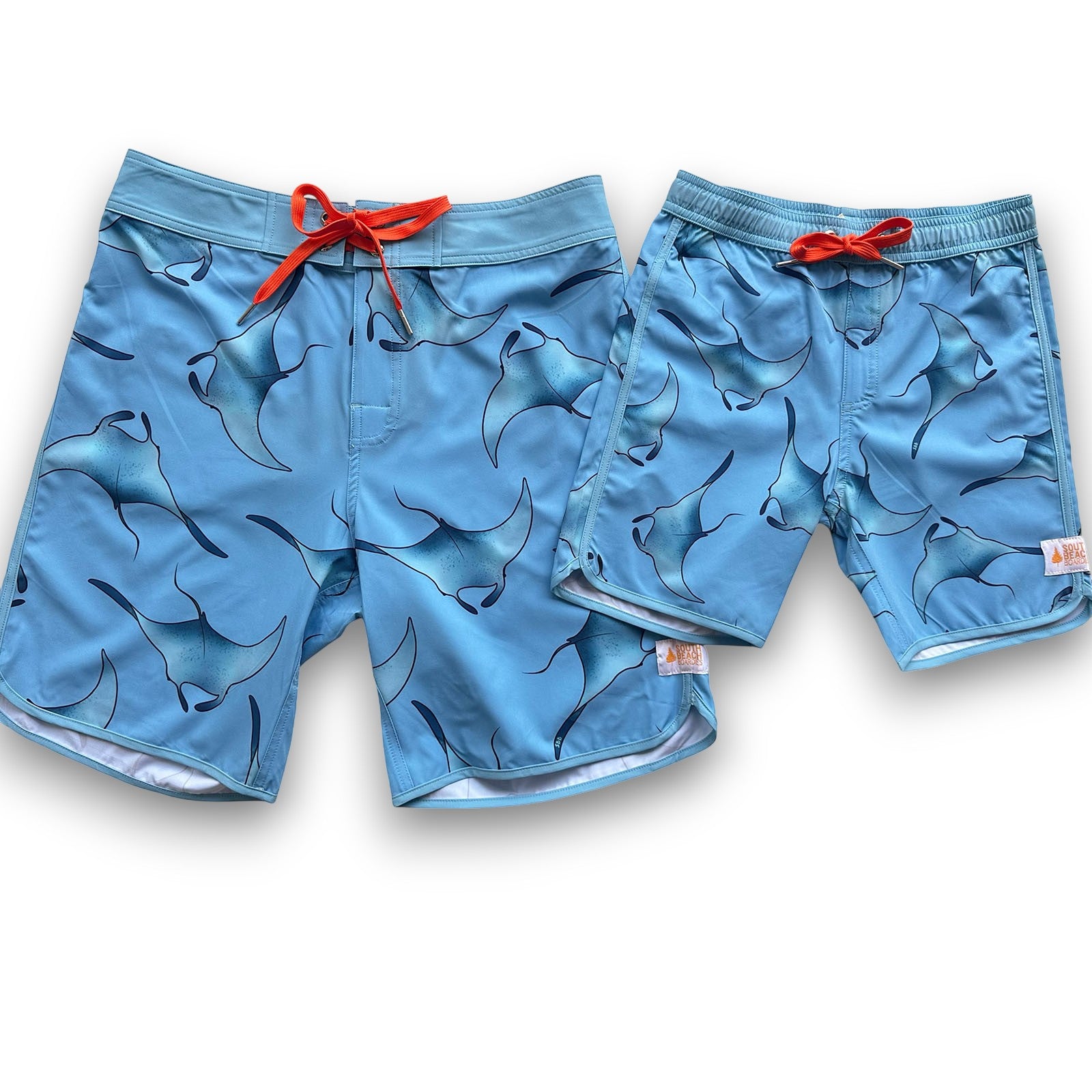 Matching Kids and Mens Manta Rays Retro Piping Sustainable Swimwear made by South Beach Boardies