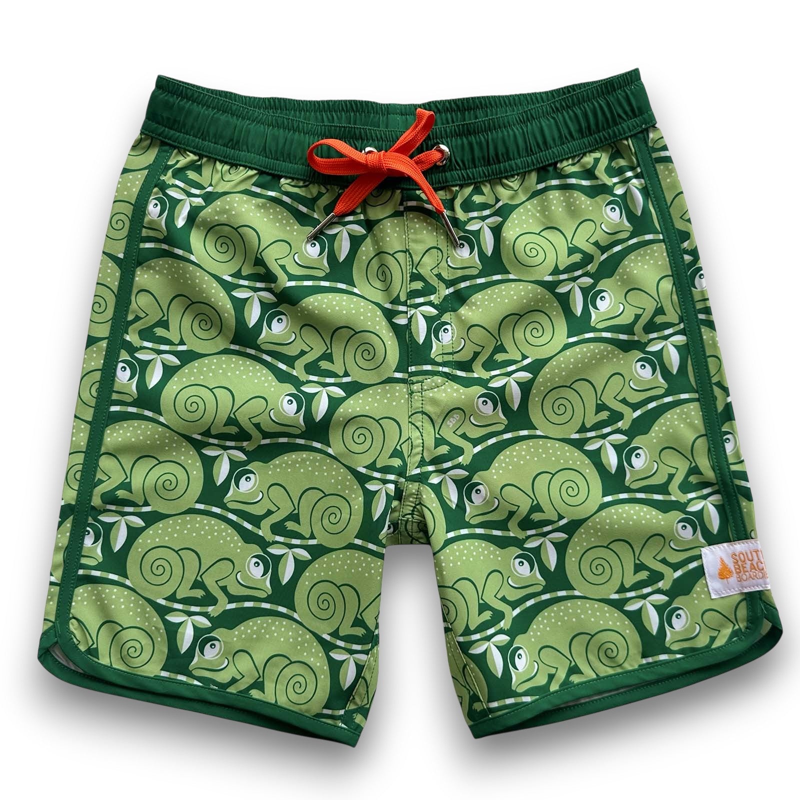 South Beach Boardies Kids Retro Piping Boardies made from recycled plastic bottles, Chameleon print, front view, orange drawstring