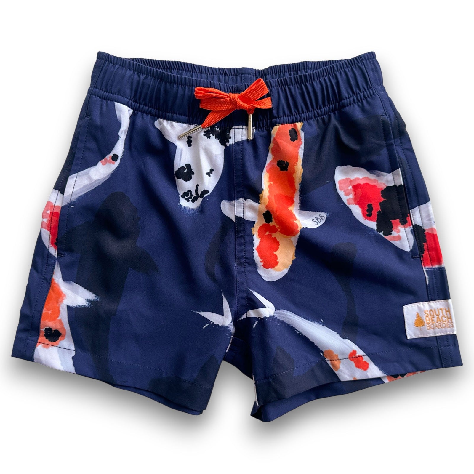 South Beach Boardies Kids Stretchy Trunks made from recycled plastic bottles, Feelin'koi print, front view