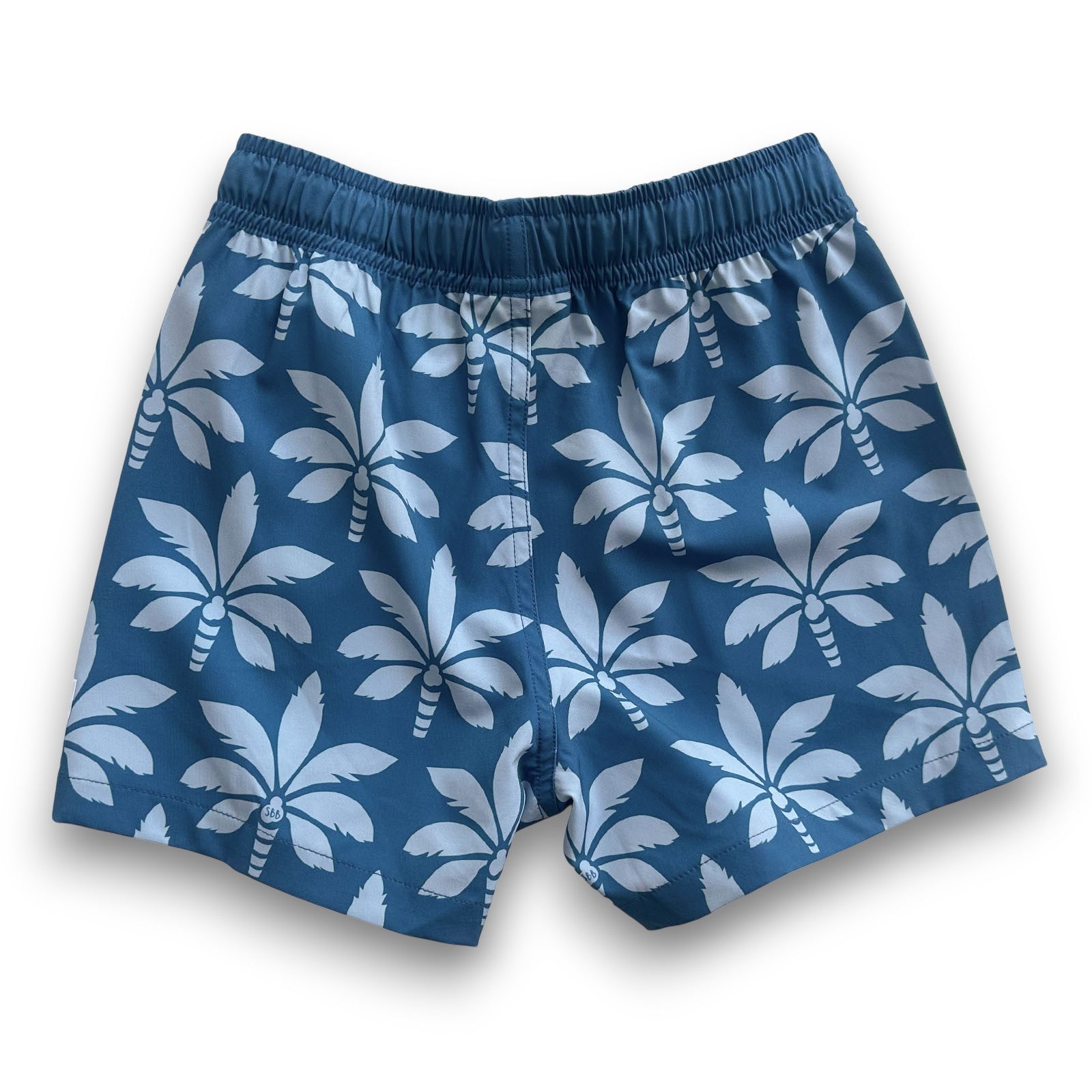 South Beach Boardies Kids Stretchy Trunks made from recycled plastic bottles, Vintage Palms print, back view