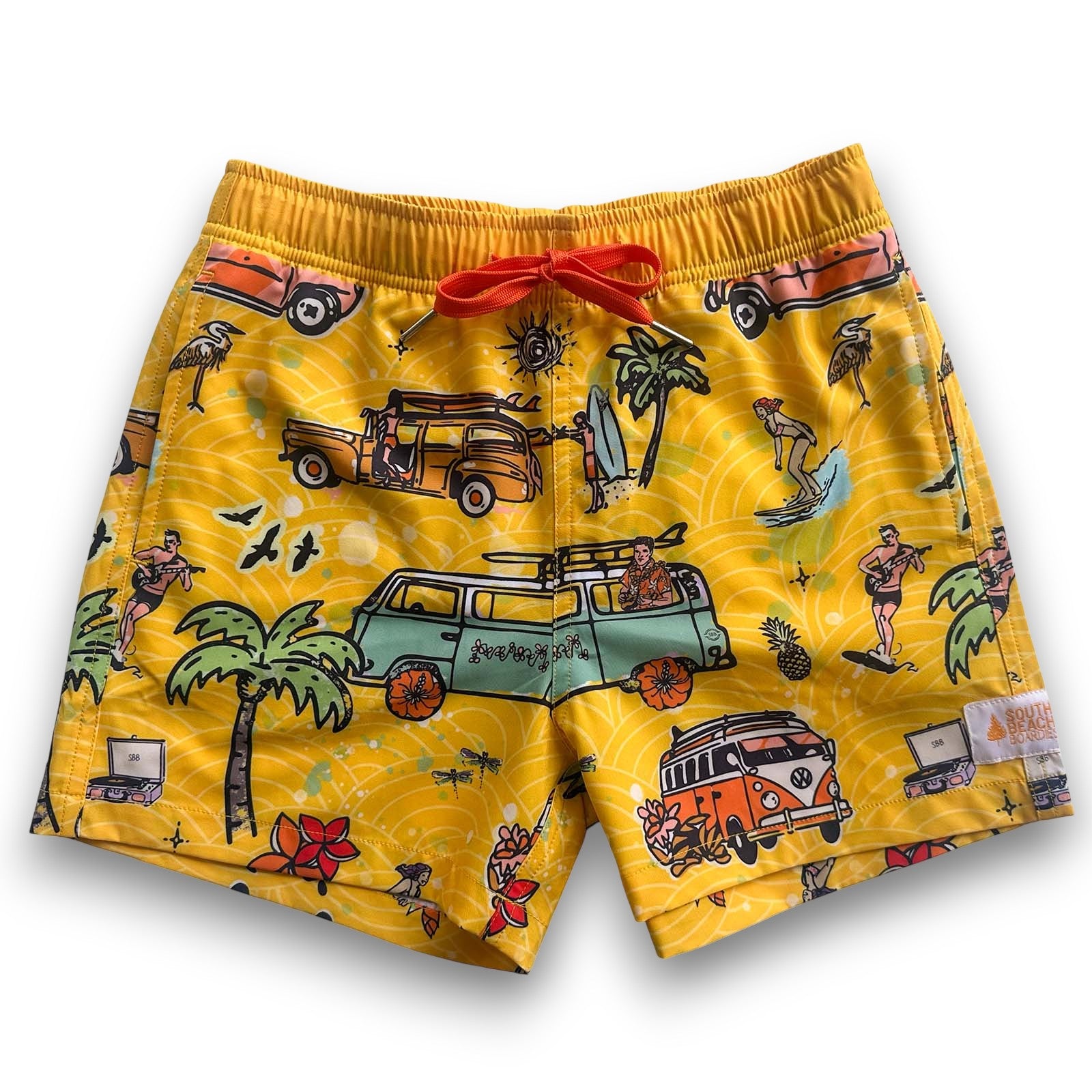 South Beach Boardies Kids Stretchy Trunks made from recycled plastic bottles, Yellow Kombi print, front view, orange drawstting