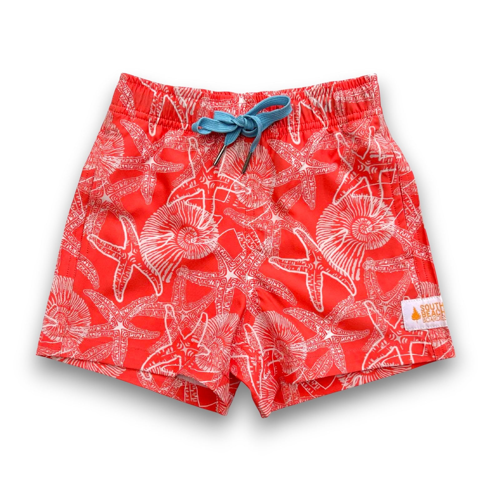 South Beach Boardies Kids Stretchy Trunks made from recycled plastic bottles, pink Starfish and nautilus print, blue drawstring, back view