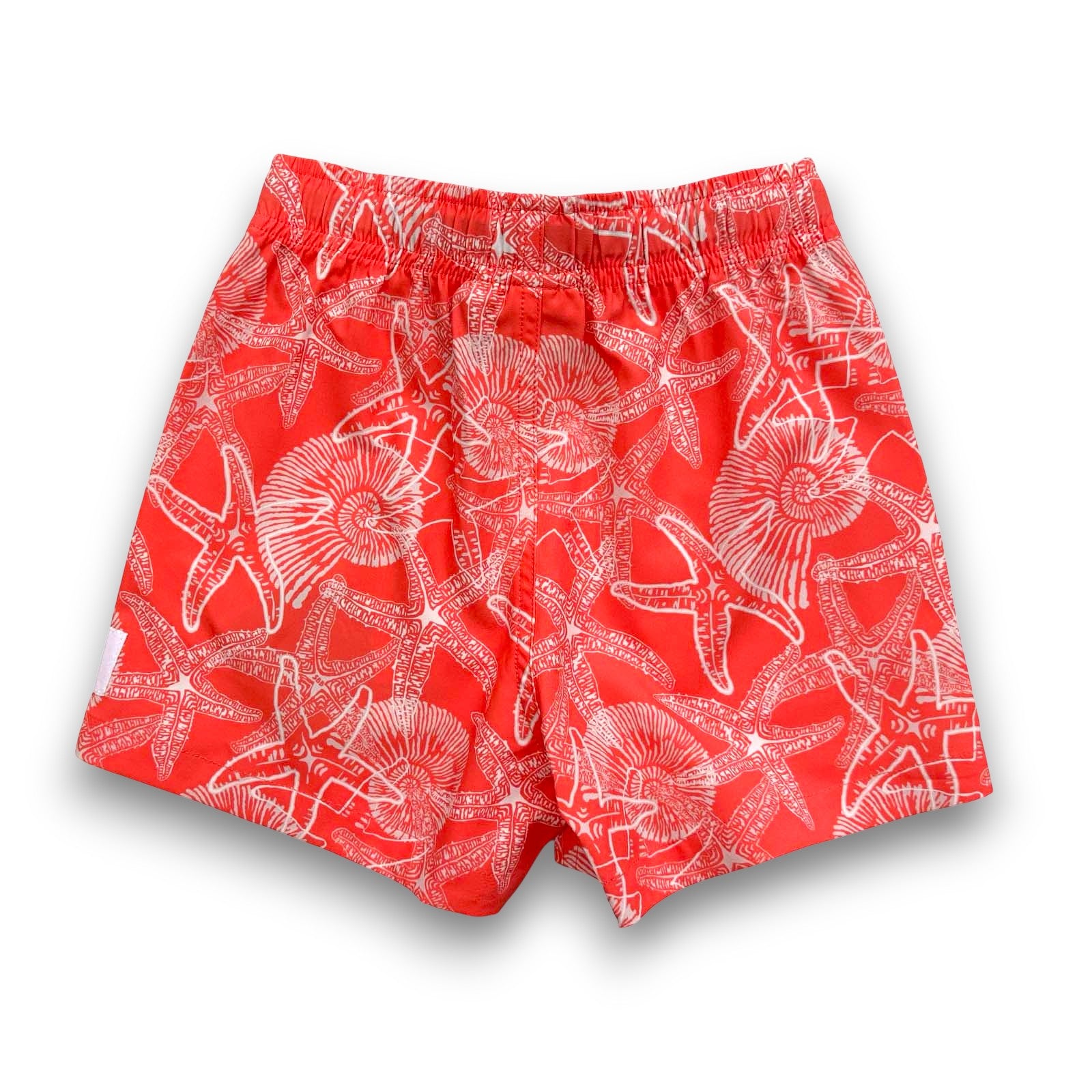 South Beach Boardies Kids Stretchy Trunks made from recycled plastic bottles, pink Starfish and nautilus print, back view.jpg