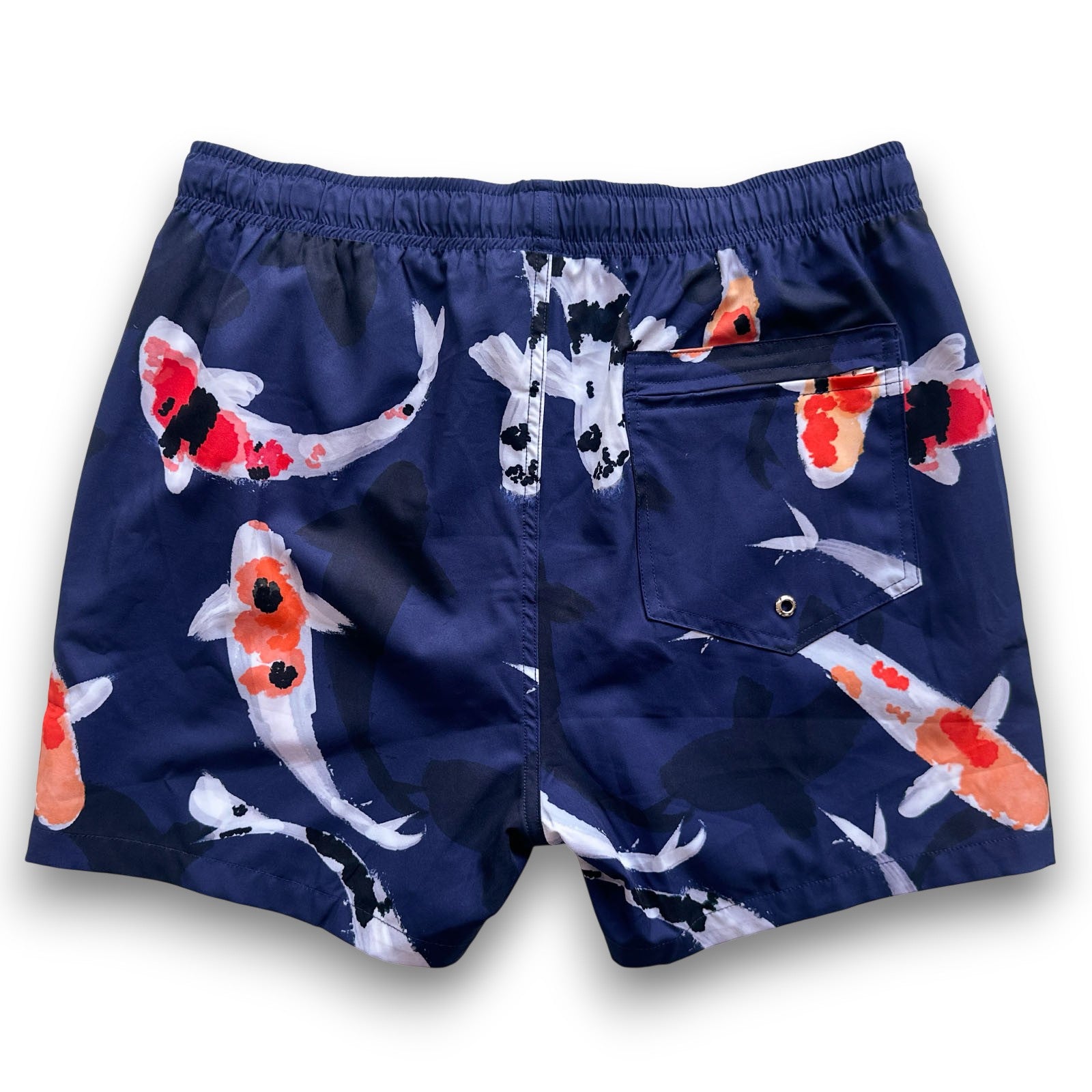 South Beach Boardies Mens Stretchy Trunks made from recycled plastic bottles, FEELIN KOI print back view