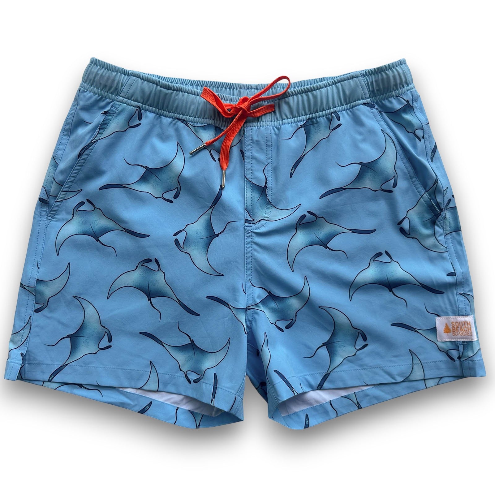 South Beach Boardies Mens Stretchy Trunks made from recycled plastic bottles, matra rays print front view