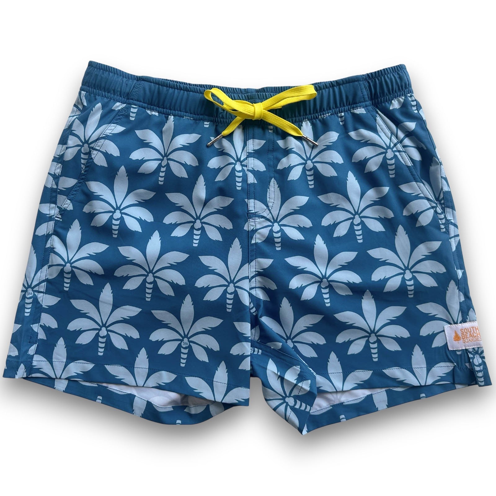 South Beach Boardies Mens Stretchy Trunks made from recycled plastic bottles, Vintage Palms print front view