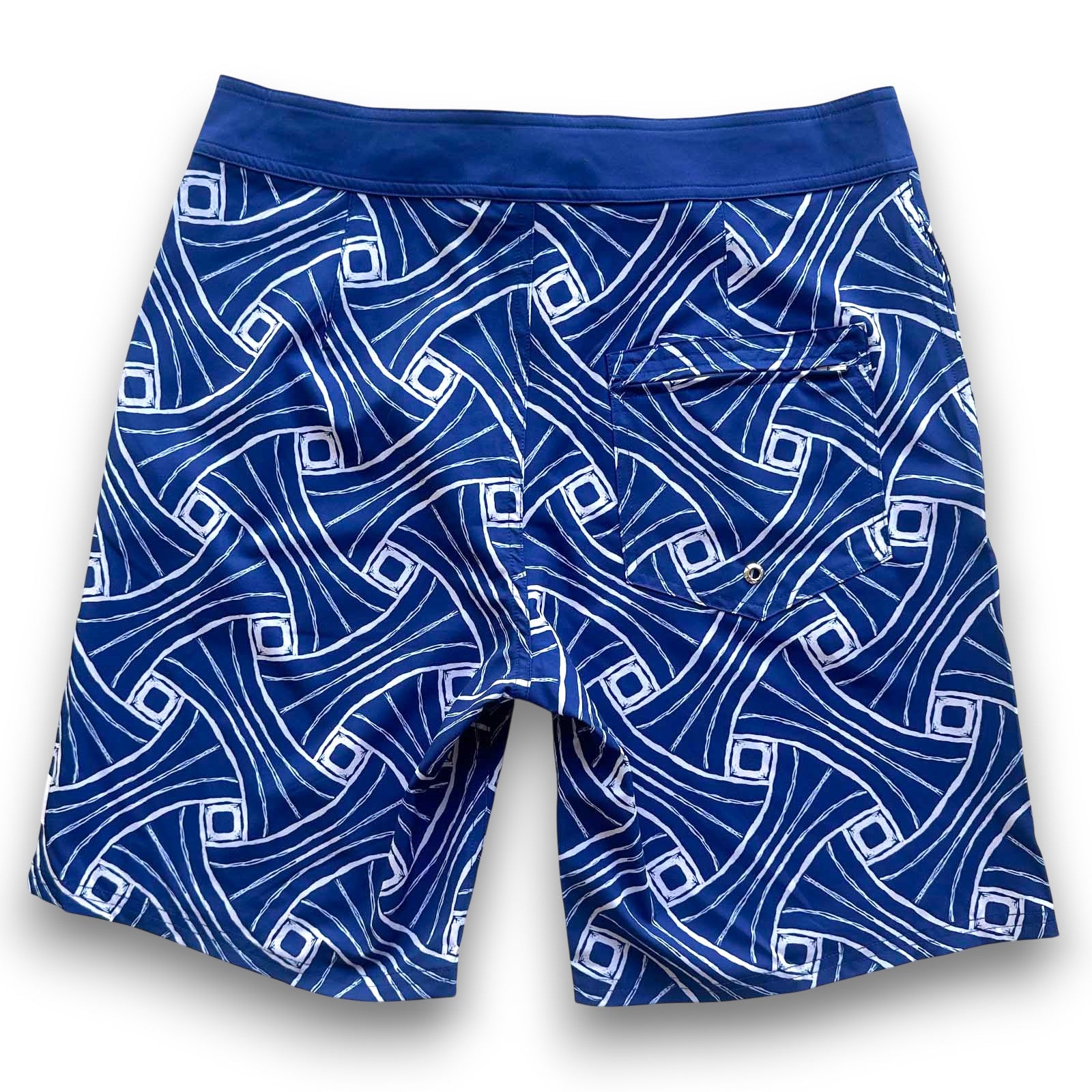 South Beach Boardies Mens Surfer Board Shorts in Shibori print made from recycled plastic bottles, blue and white print, ack view