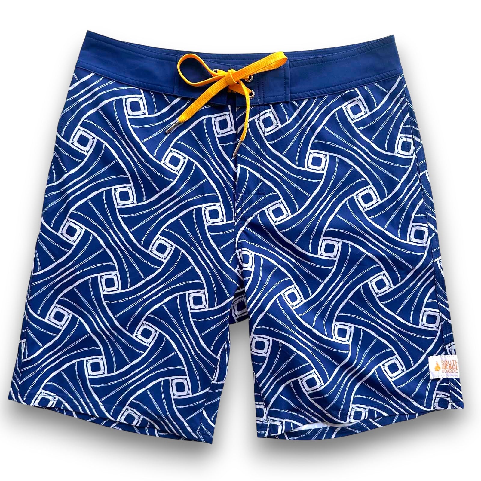 South Beach Boardies Mens Surfer Board Shorts in Shibori print made from recycled plastic bottles, blue and white print, yellow drawstring, front view