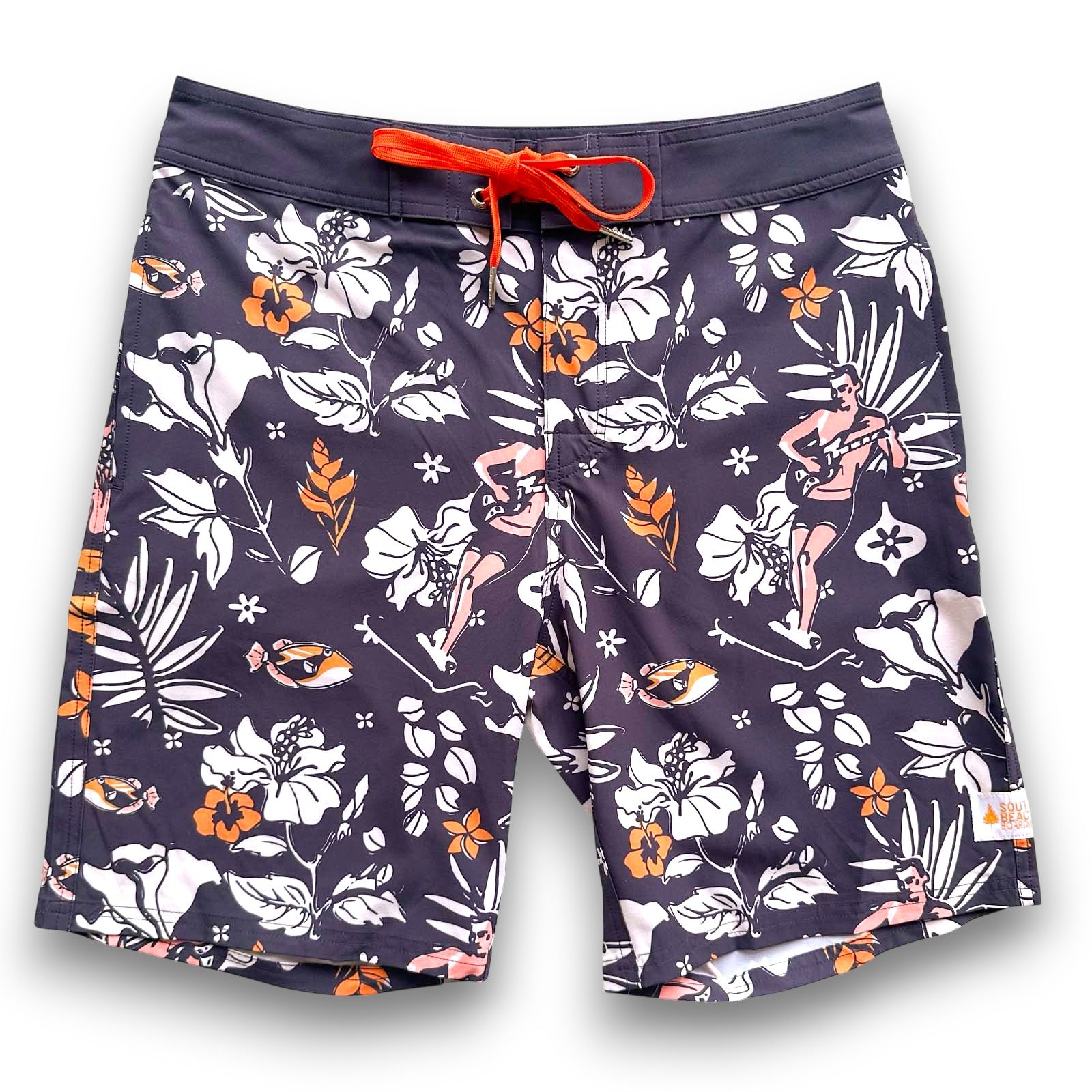 South Beach Boardies Mens Surfer Boardies in Surfer Rosa print made from recycled plastic bottles, orange drawstring, front view