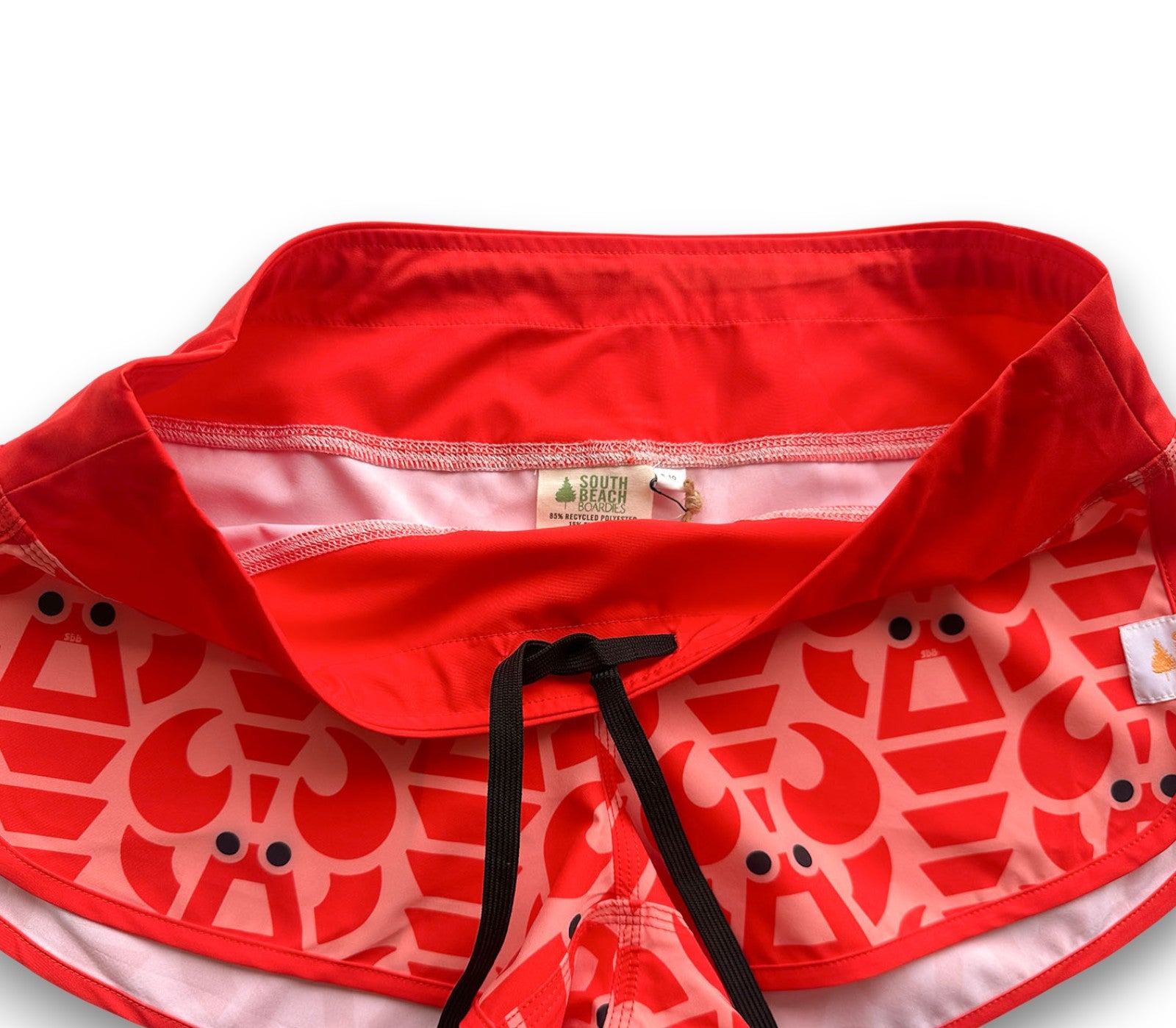 South Beach Boardies Womens Cute Butt Boardies made from recycled plastic bottles, Big Red Lobster print front showing inner drawstring