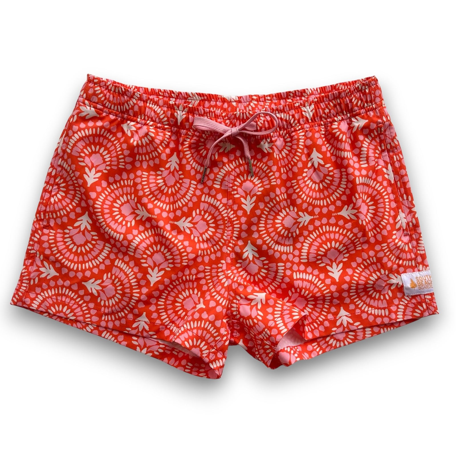 South Beach Boardies Womens Stretchy Trunks made from recycled plastic bottles, Marrakesh print front view pink drawtring
