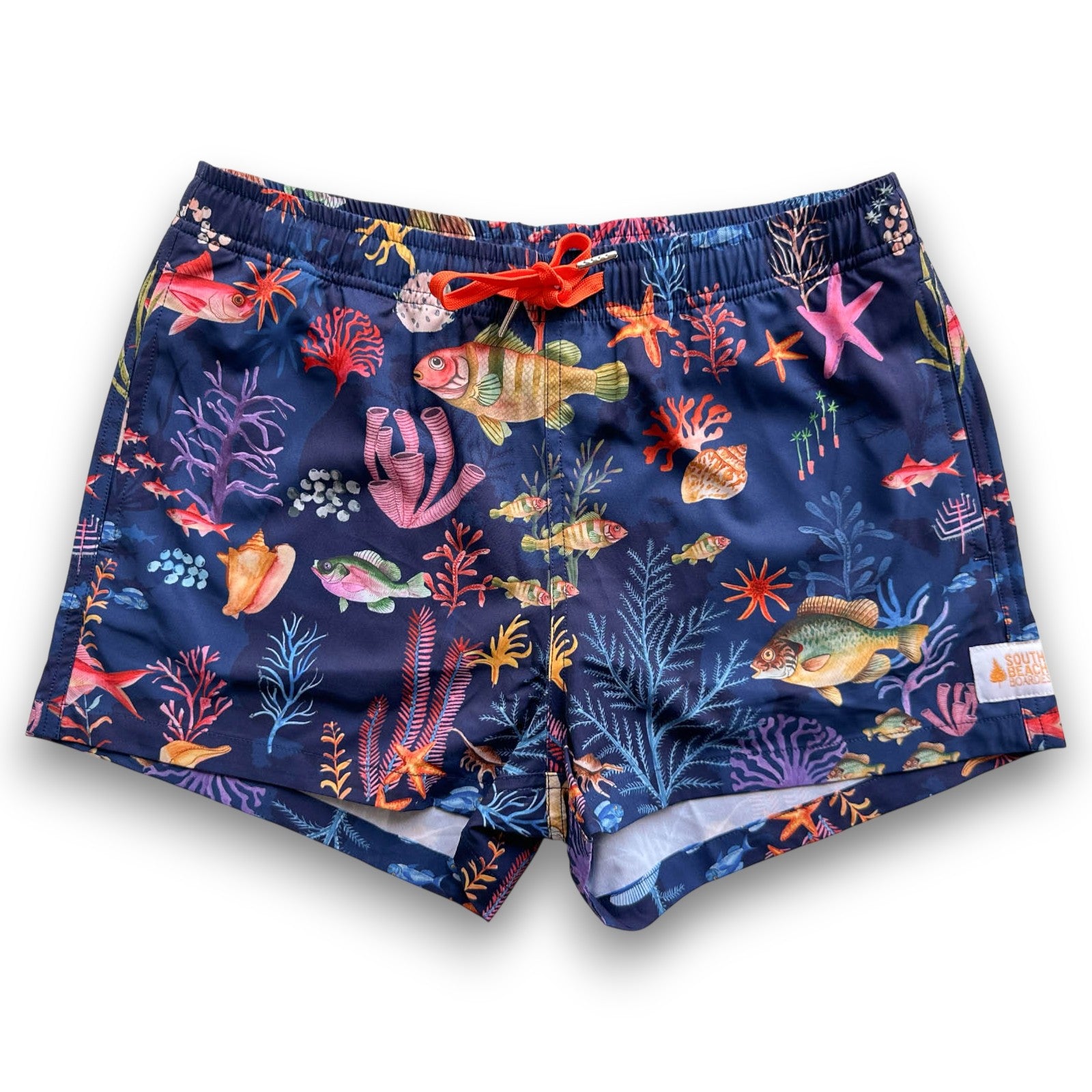 South Beach Boardies Womens Stretchy Trunks made from recycled plastic bottles, Underwater print front view orange drawsting