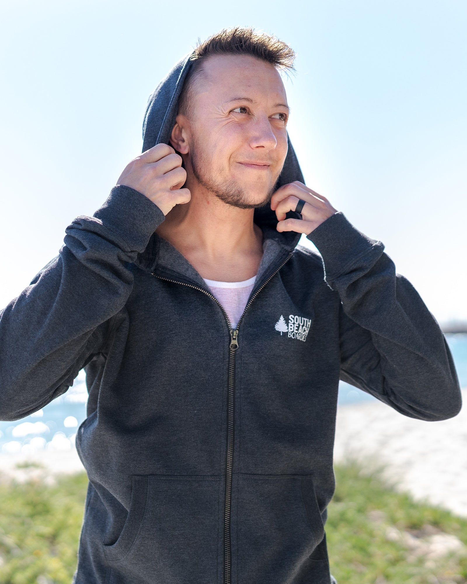 Andy wears South Beach Boardies 100% Recycled Zip Up Hoody, front, ws