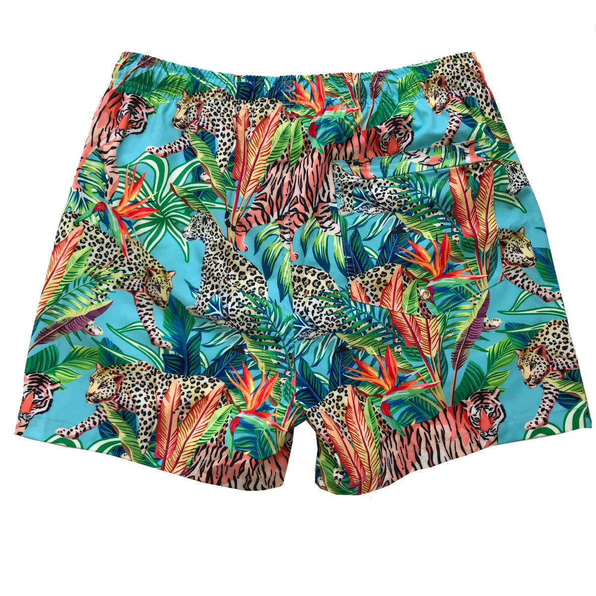 MENS STRETCHY TRUNKS from Recycled Plastic Bottles, JUNGLE BROTHERS, back, by South Beach Boardies, tigers and leopards, ws
