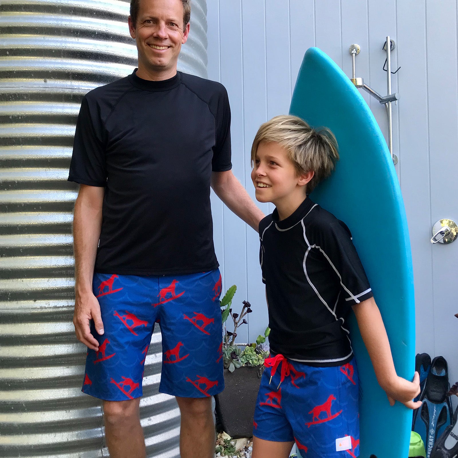 Matching father and son dingo print boardies made from recycled plastic bottles by South Beach Boardies