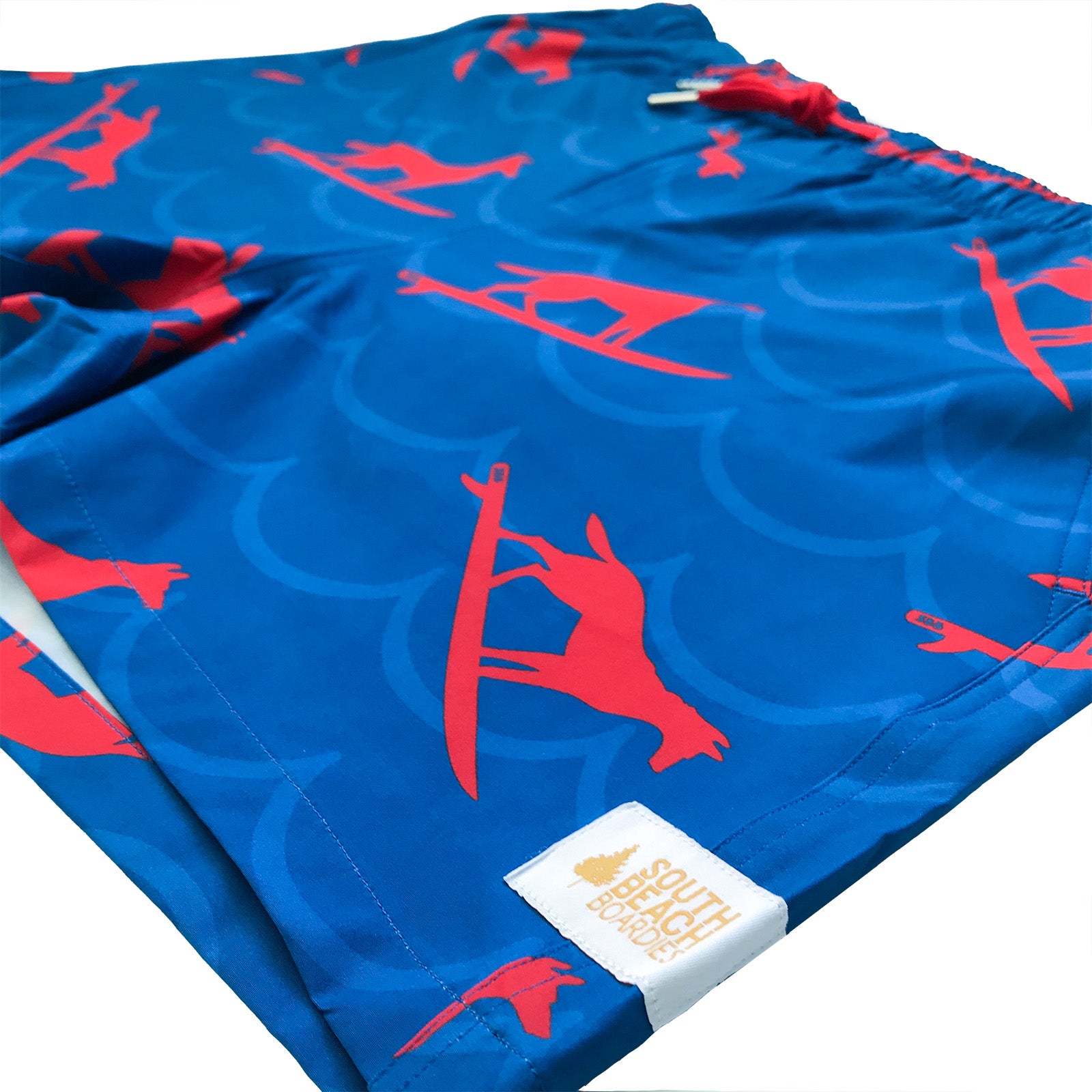 Mens Stretchy Trunks Dingo Took My Boardies 3.0 Wavy, made from recycled plastic bottles by South Beach Boardies. Close Up