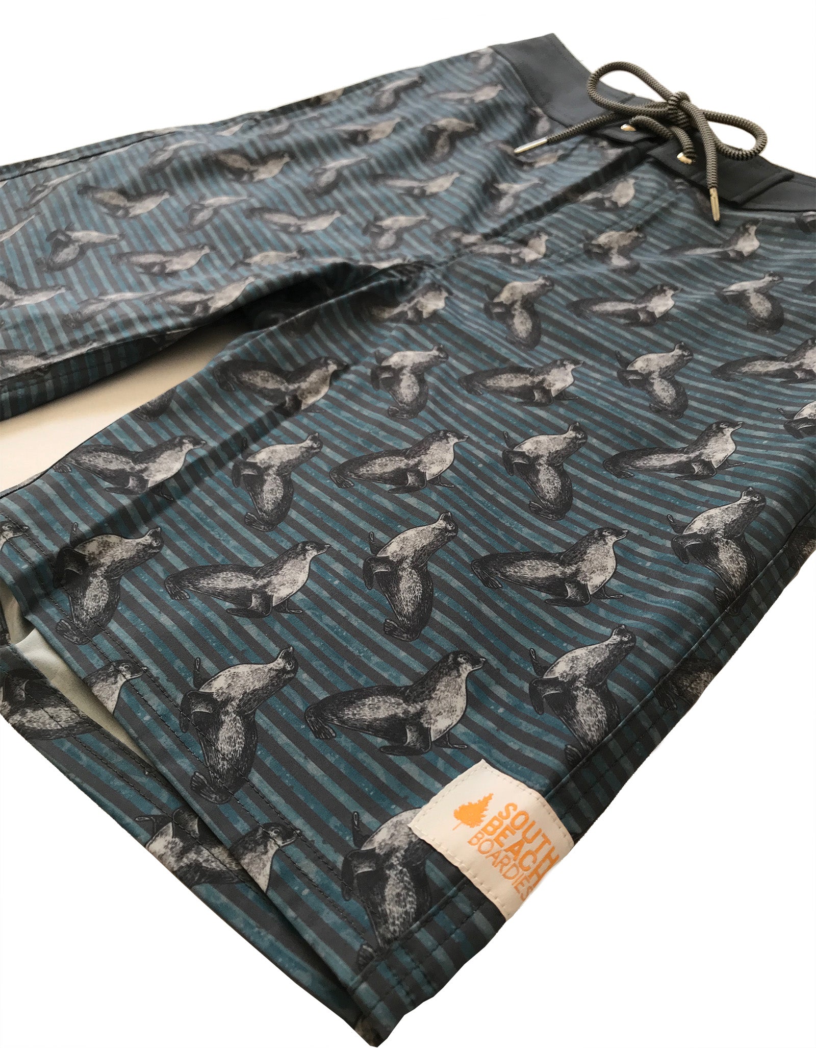 South Beach Boardies from recycled plastic bottles, Mens Surfer in Carnac, Sea Lions, side