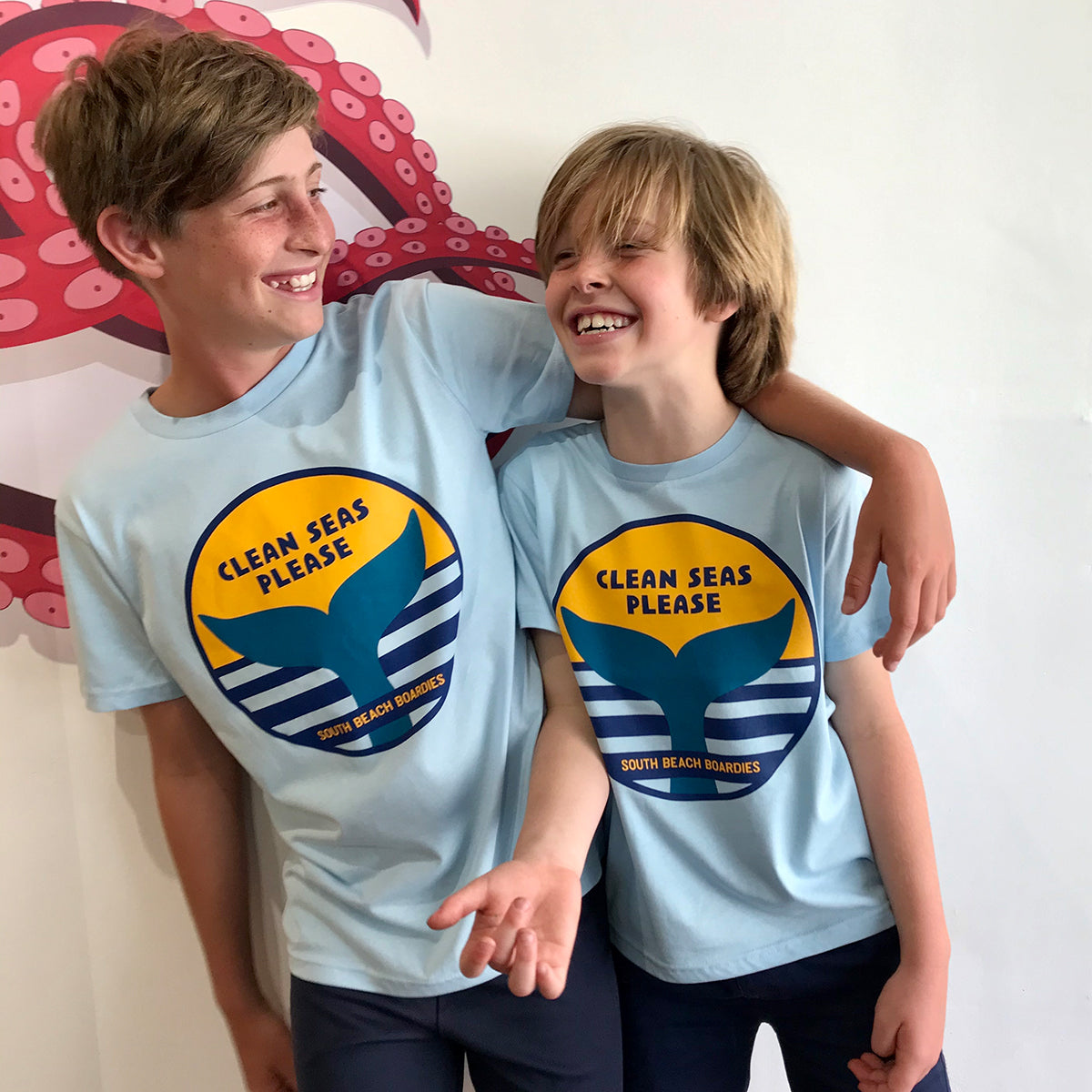 South Beach Boardies is a family business. Here are some our our kids in Clean Seas Please Dolphin Tail T-shirts