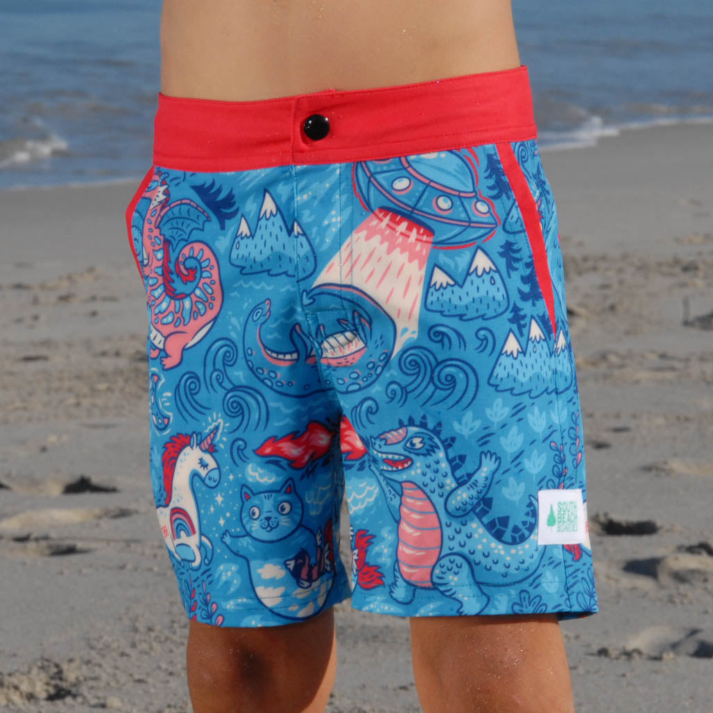 South Beach Boardies Kids Going Out Boardies recycled plastic Godzilla front view