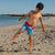 Boy wearing South Beach Boardies Kids Going Out Boardies recycled plastic Godzilla front view