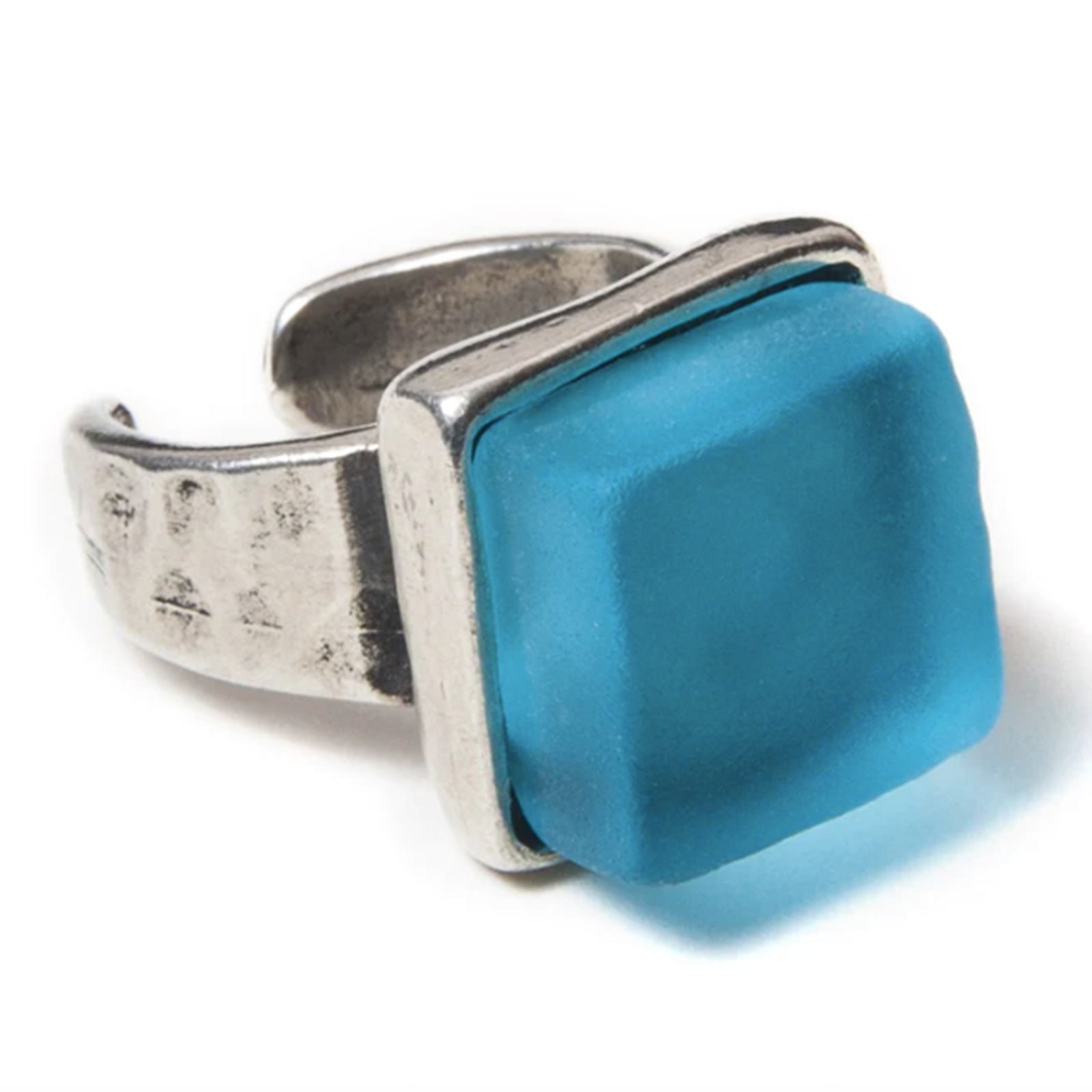 Smart Glass Cube Ring/ Aqua _ Silver made from Recycled Bombay Sapphire bottle.