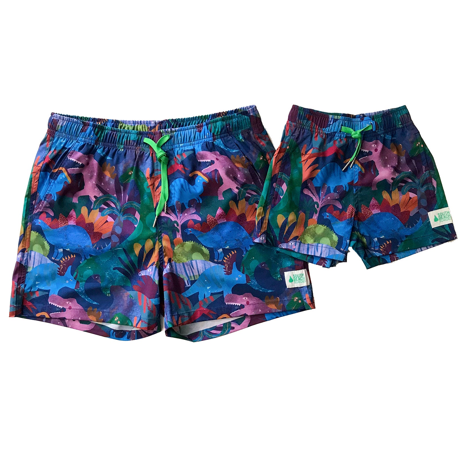 South Beach Boardies Men's and Kids matching Stretchy Trunks made from recycled plastic bottles, Dinotopia print,