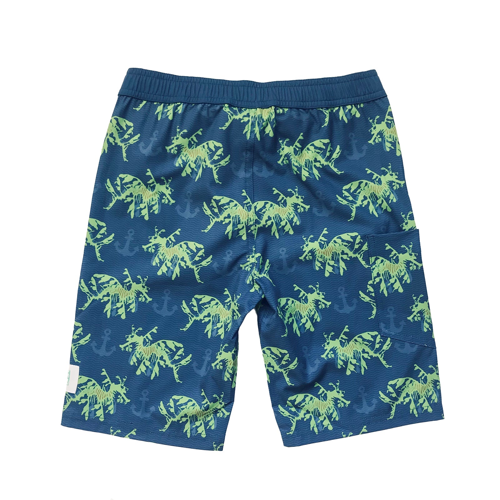 South Beach Boardies Kids Long Board Shorts in Leafy Seadragon 2.0 print made from recycled plastic bottles, back