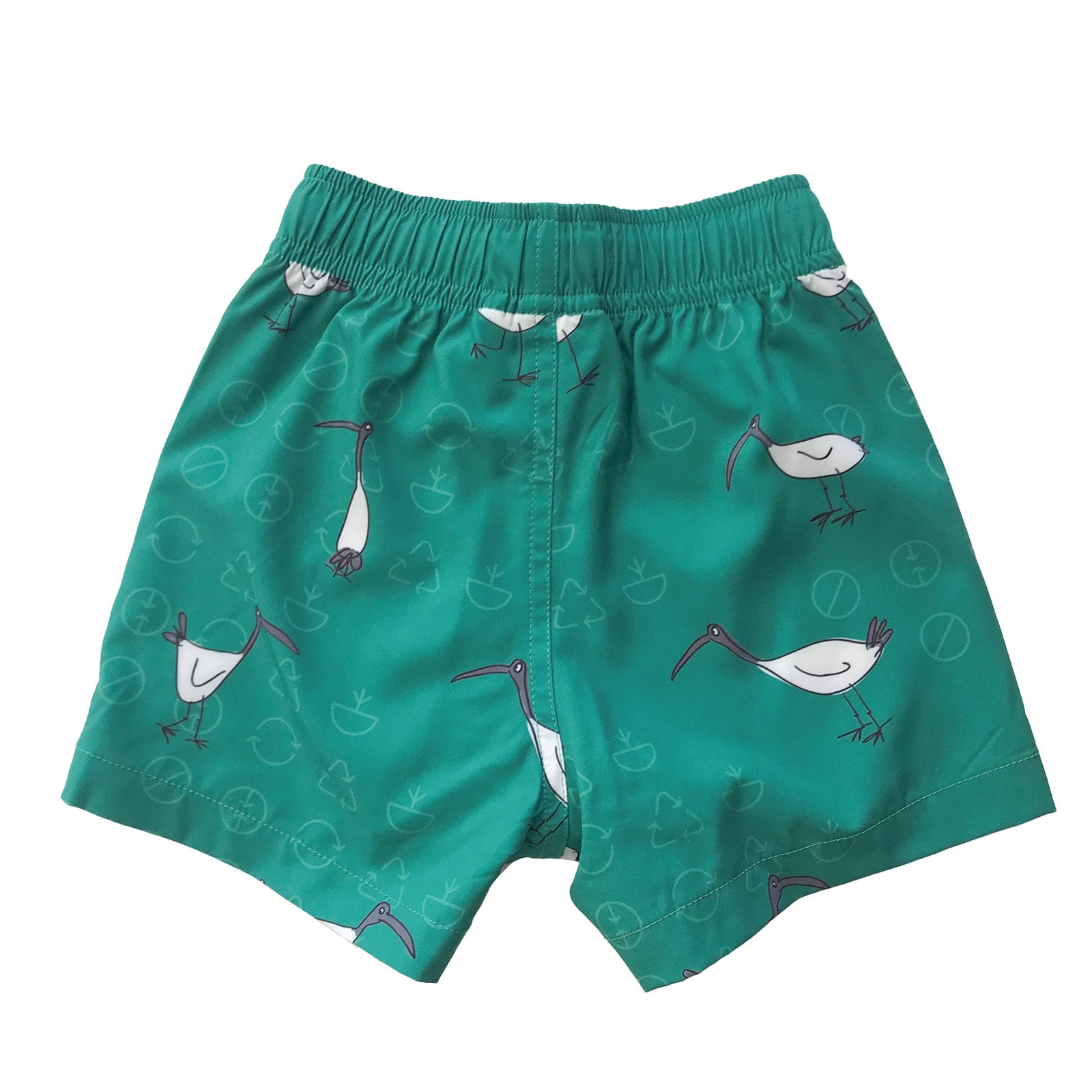 South Beach Boardies Kids Stretchy Trunks made from recycled plastic bottles, Bin Chickens Ibis print, back
