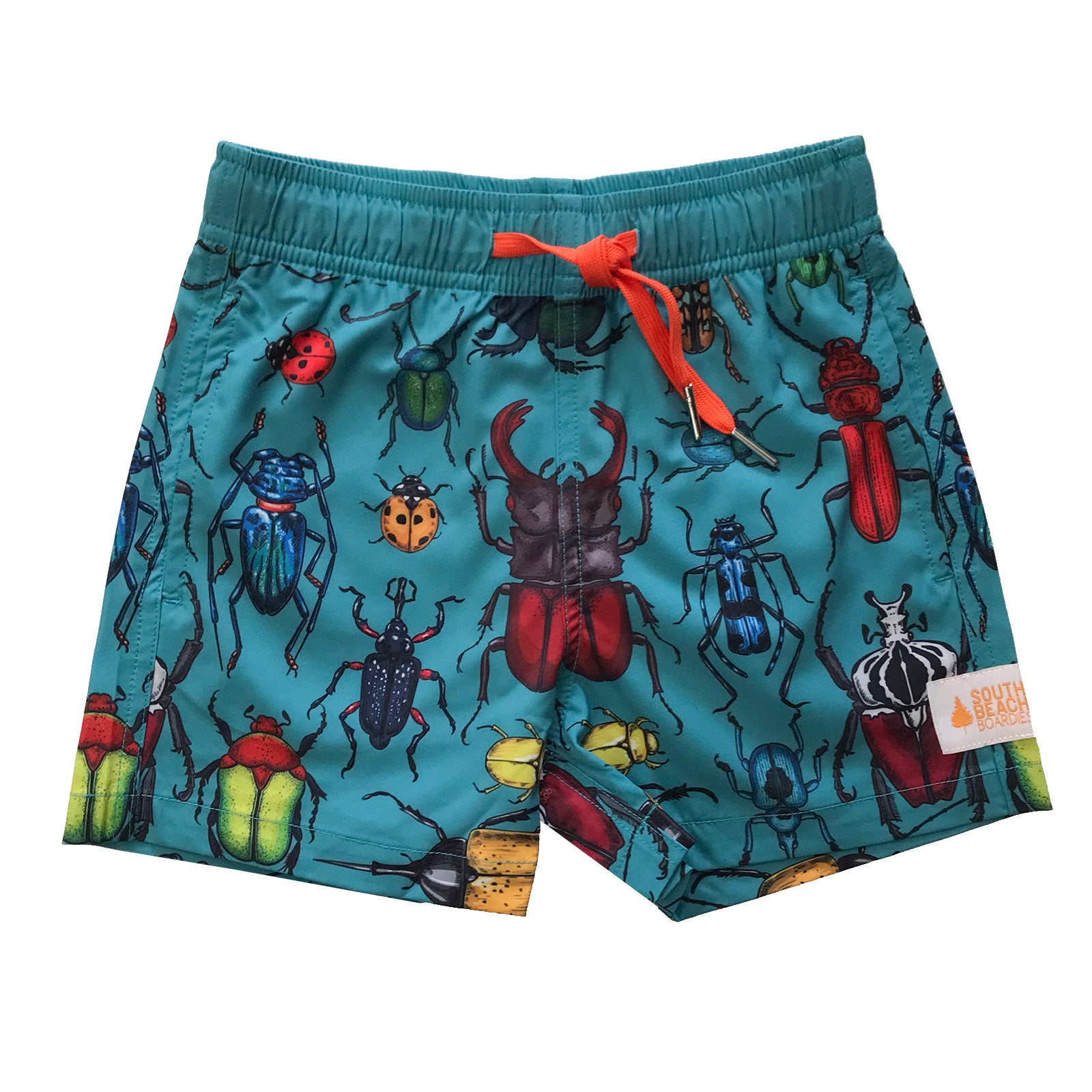 South Beach Boardies Kids Stretchy Trunks made from recycled plastic bottles, Bugs print, frontSouth Beach Boardies Kids Stretchy Trunks made from recycled plastic bottles, Bugs print, front