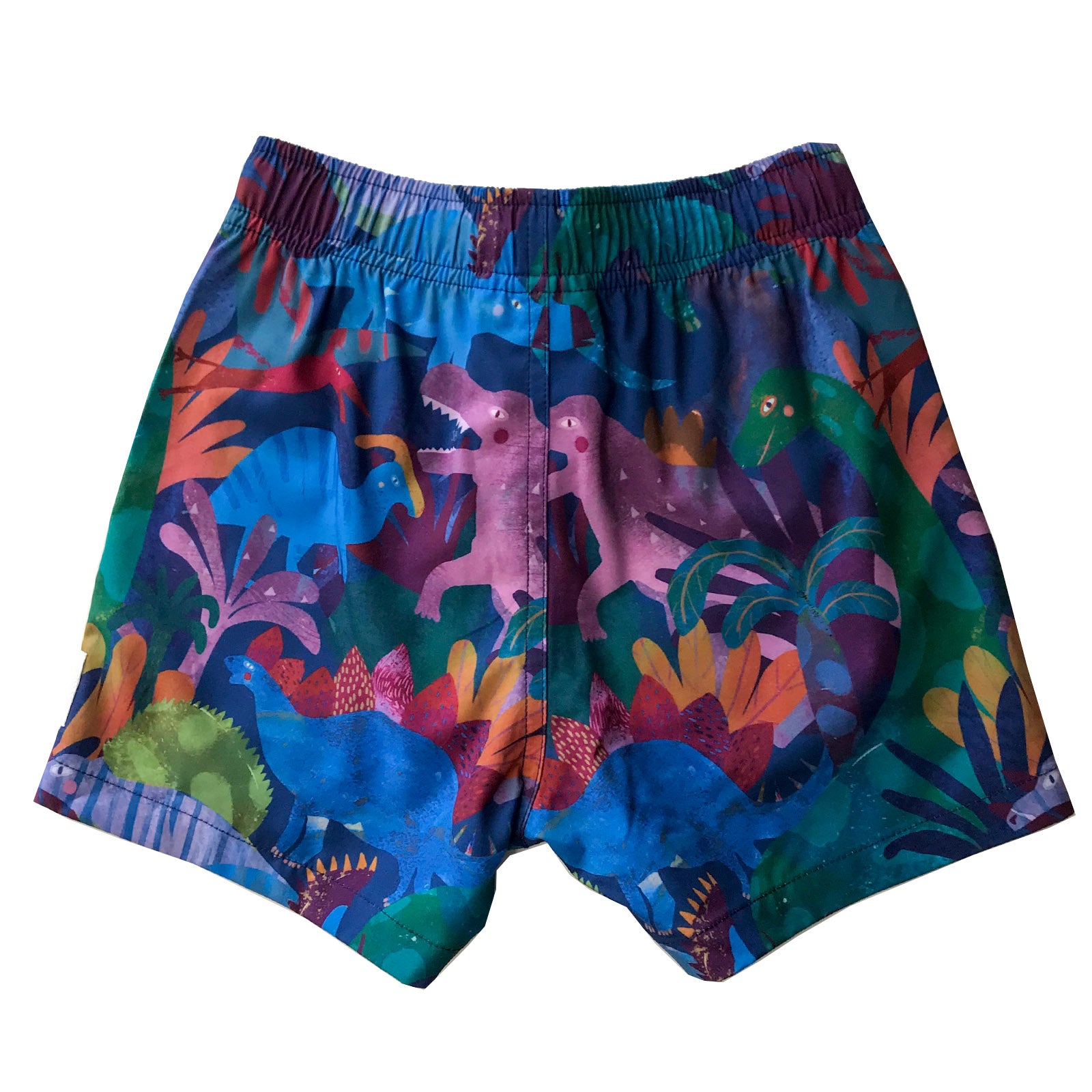 South Beach Boardies Kids Stretchy Trunks made from recycled plastic bottles Dinosaur print back