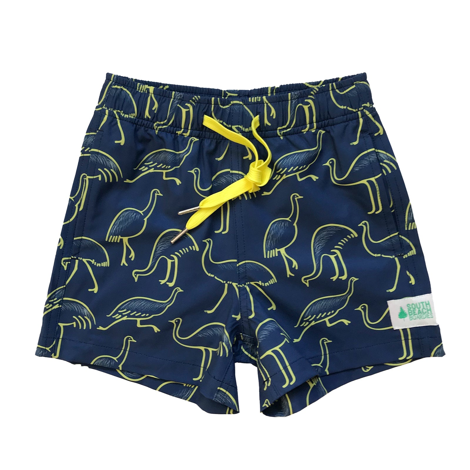 South Beach Boardies Kids Stretchy Trunks made from recycled plastic bottles, Emu print, FRONT